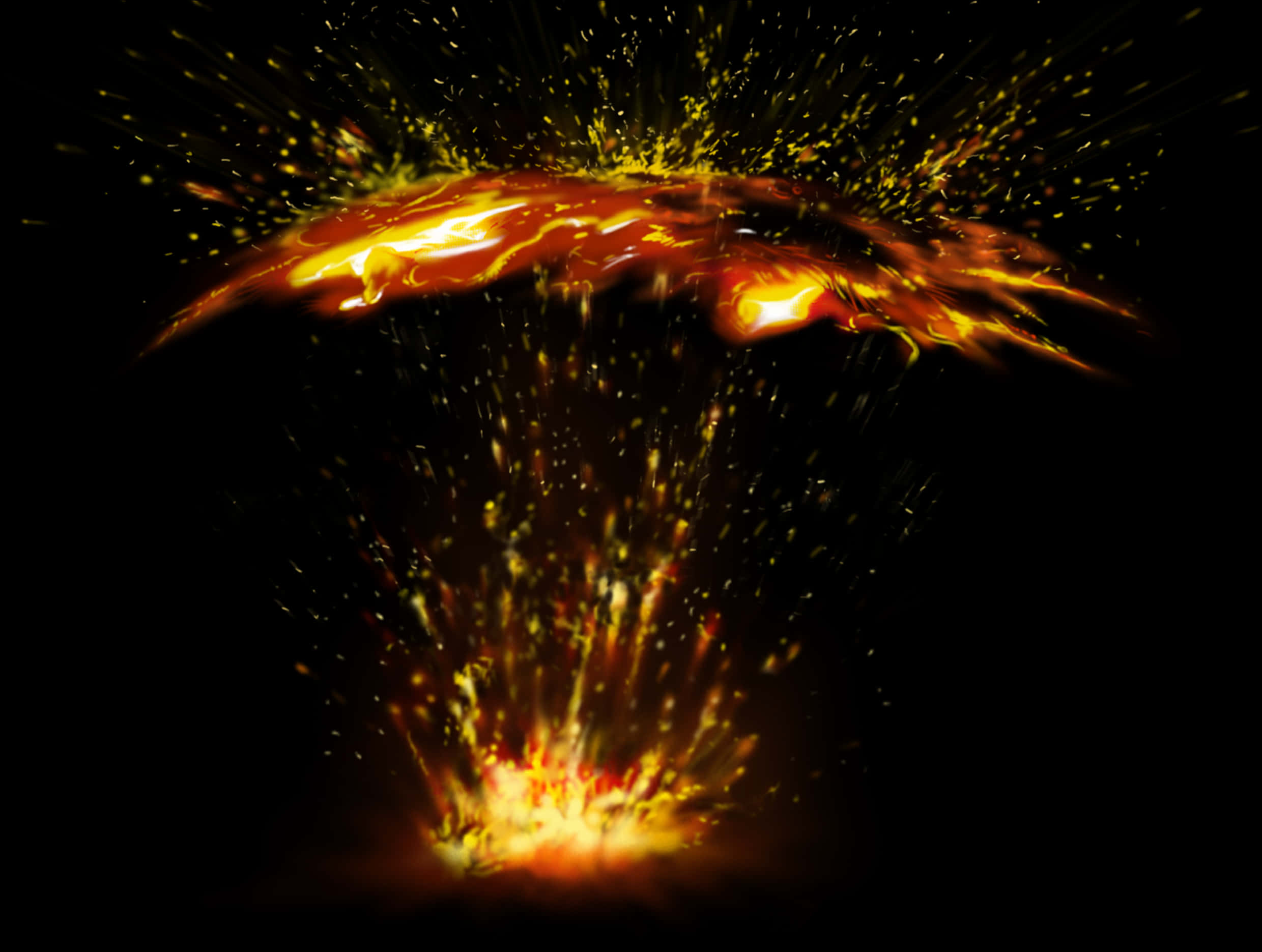 熾熱火花爆炸 壁紙 — 一場熾熱的爆炸在漆黑虛空中向上爆發，形成發光的蘑菇雲，伴隨著傾瀉而下的餘燼。