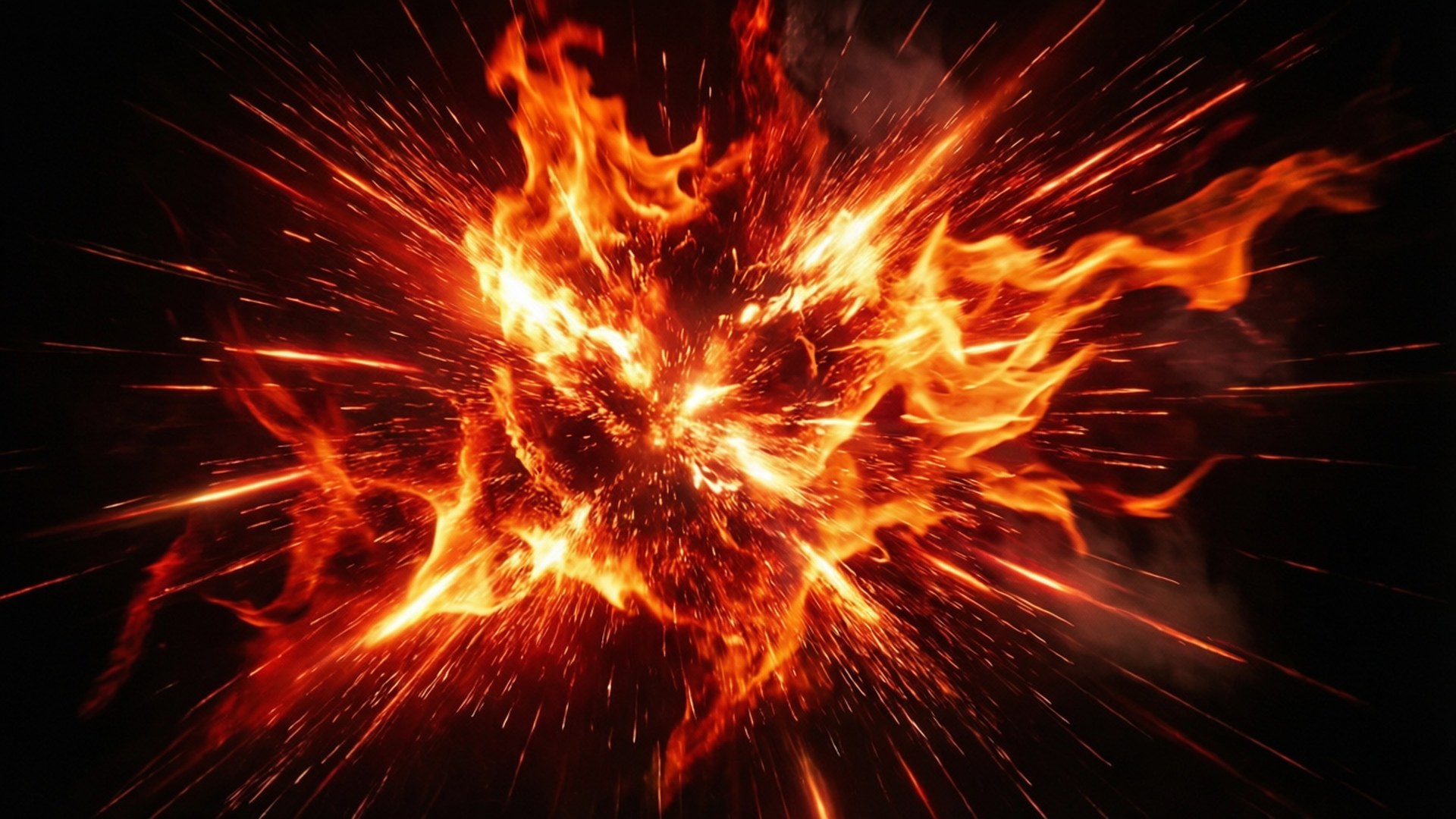 熾熱爆炸光暈 壁紙 — 一場熾熱的爆炸在黑色虛空中爆發，伴隨著強烈的橙色火焰和發光的餘燼。