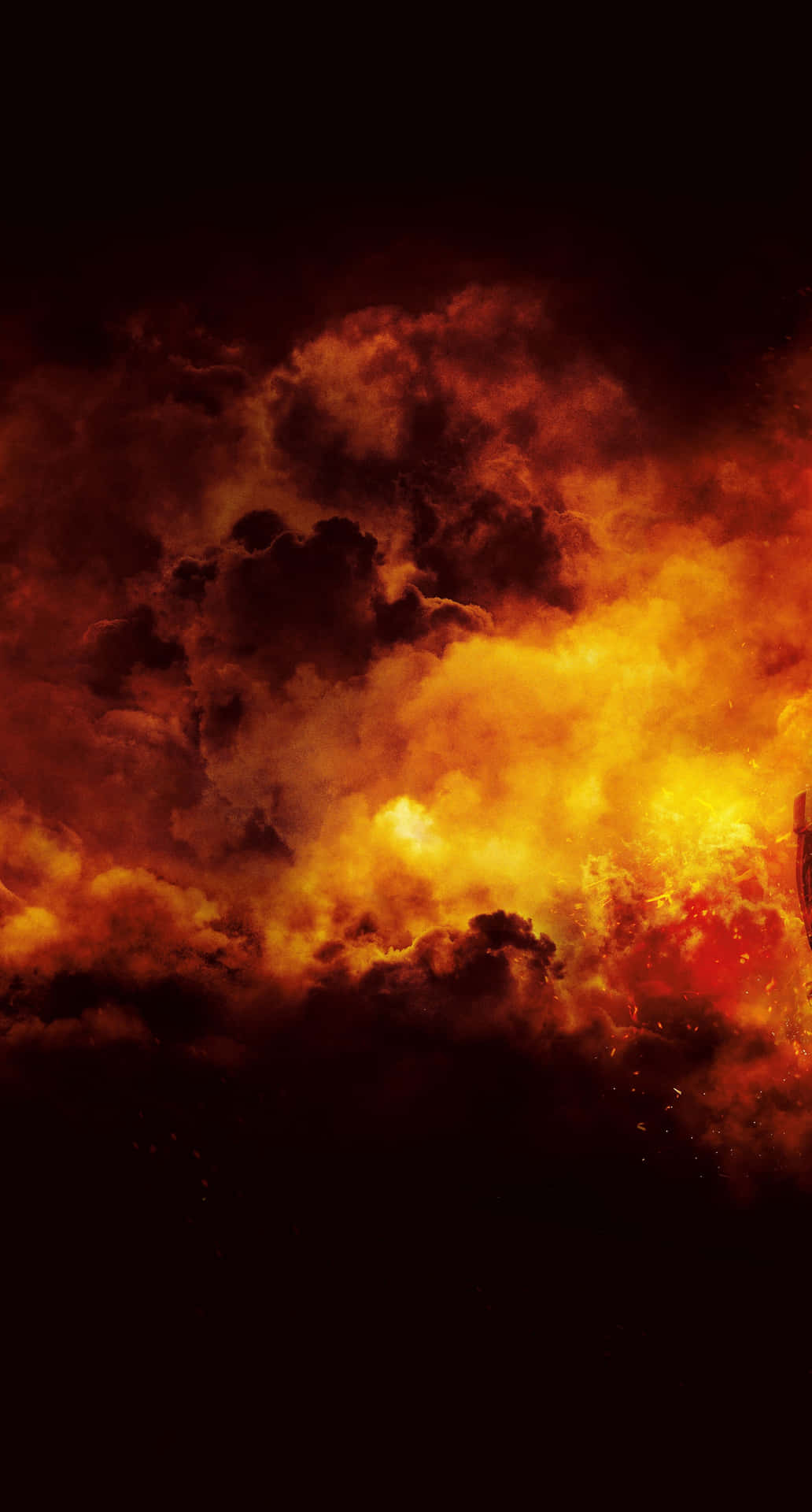熾熱爆炸背景 壁紙 — 熾熱的橙色和黃色雲朵在黑色天空中翻騰，呈現出戲劇性的天體景象。