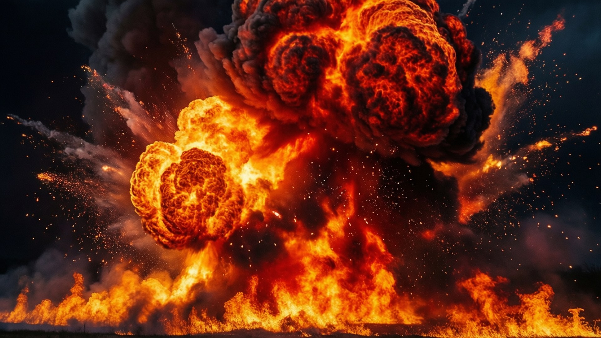 一場強烈的爆炸，在夜空中冒出明亮的橙色火焰和黑煙。