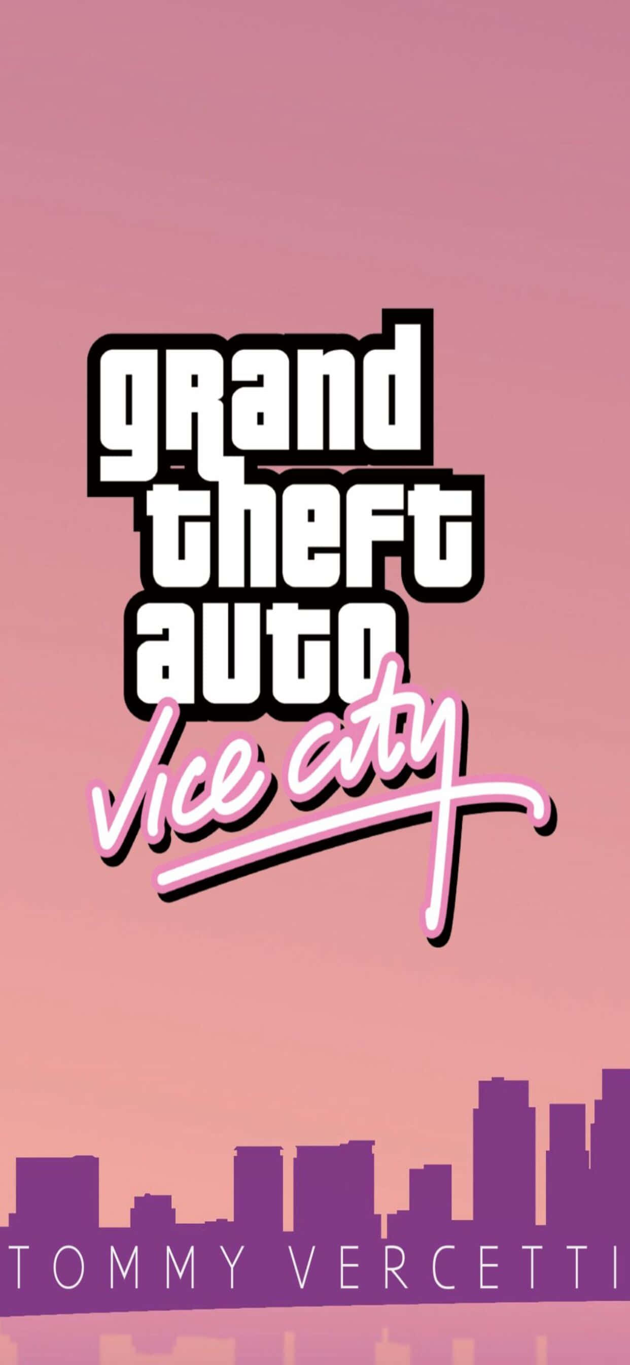 熾熱畫面登陸螢幕：《GTA V》iPhone XS Max版 壁紙 — 粉紅色漸變背景上，粗體白色和粉紅色的「Grand Theft Auto Vice City」標誌位於紫色城市天際線剪影上方，並帶有「Tommy Vercetti」文字。