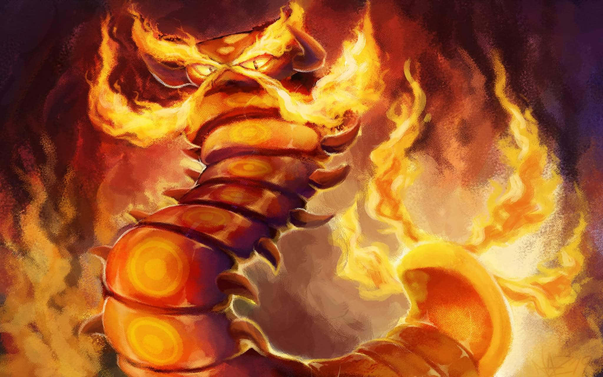 熾熱的 Centiskorch 圖像 壁紙 — 一條火龍，擁有發光的橙色眼睛和旋轉的火焰，從其身體噴發，背景是黑暗煙霧繚繞。