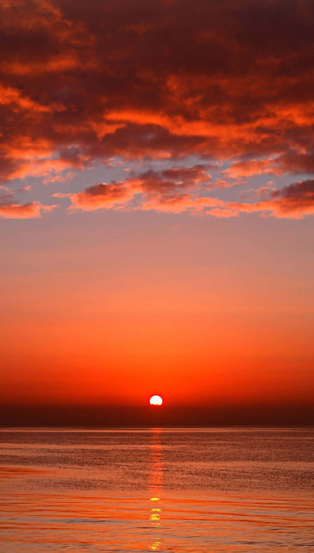 Orange Sunset 桌布 壁紙 — 熾熱的夕陽將天空和水面染成鮮豔的橙色和紅色，太陽沉入地平線以下。