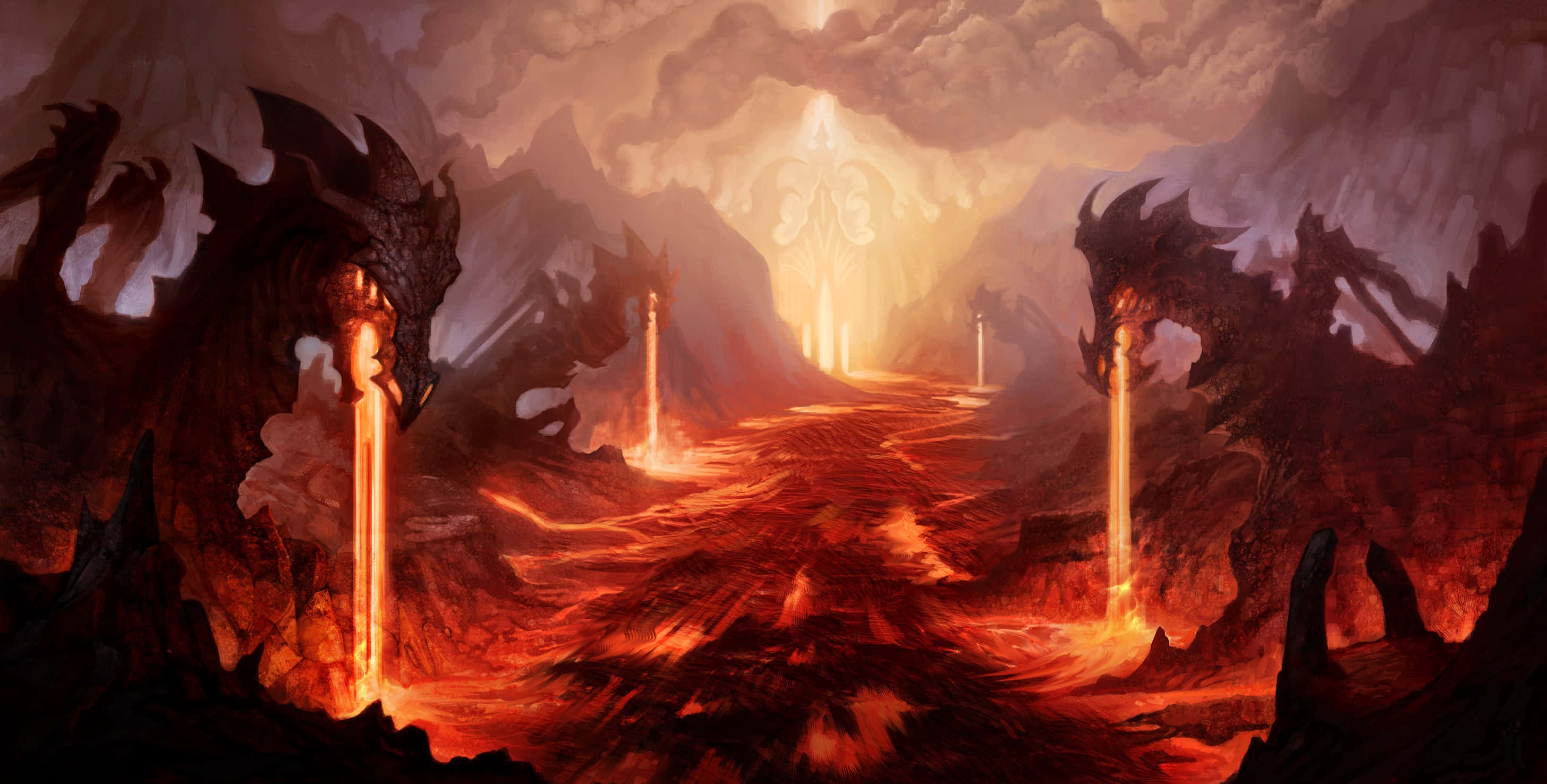 lava 桌布 壁紙 — 熾熱的惡魔景觀，有熔岩河流和聳立的龍形雕像，散發著橙色光芒。