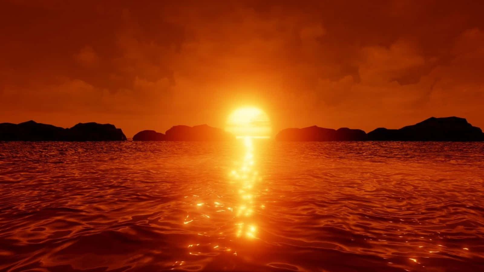 Sunset Reflection 桌布 壁紙 — 熾熱的橙色夕陽在平靜的海面上閃耀，地平線上有深色剪影的島嶼。