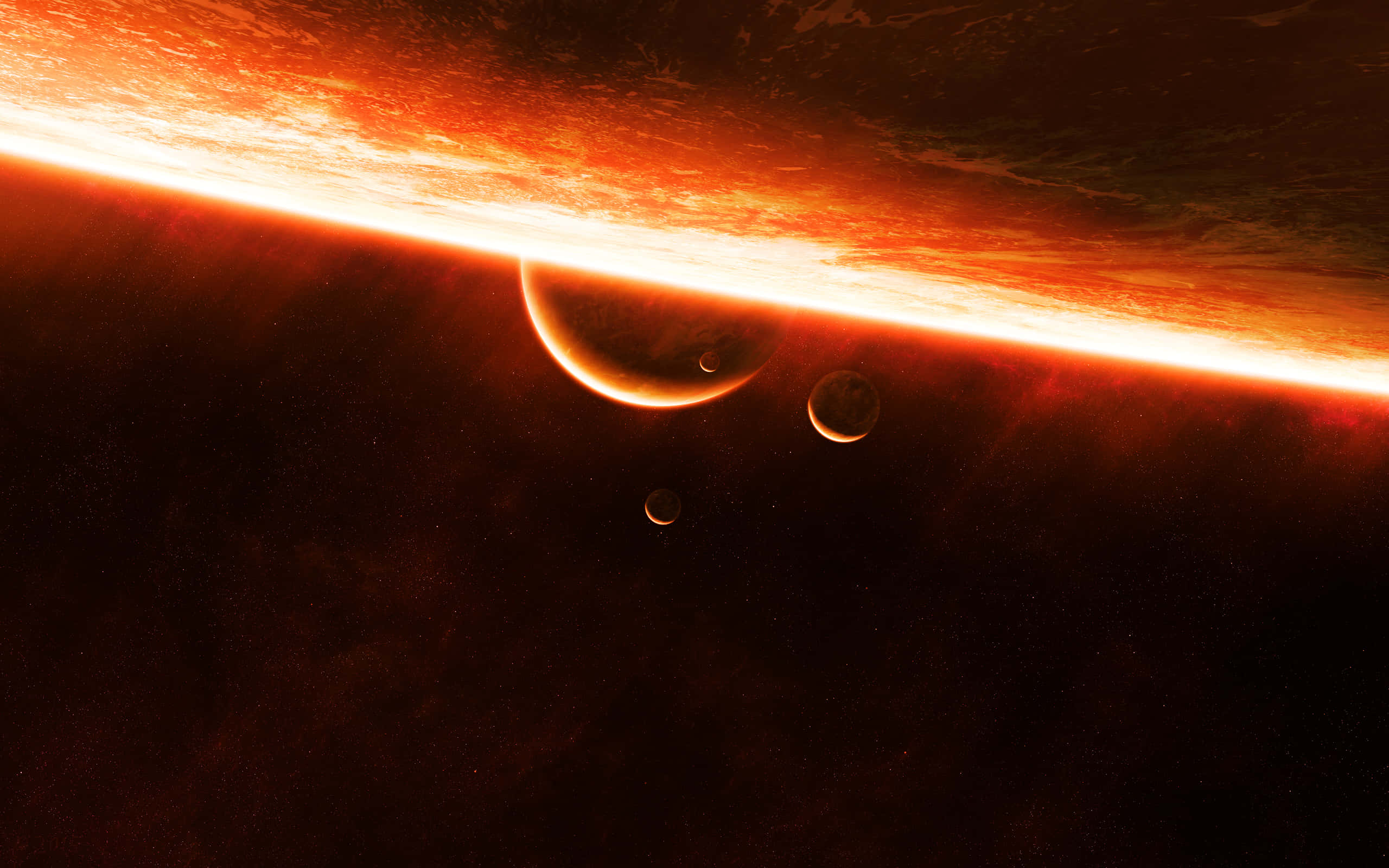 Atmosphere 桌布 壁紙 — 熾熱的橙色日落照亮了宇宙地平線，三顆衛星在深空中環繞著一顆遙遠的行星。