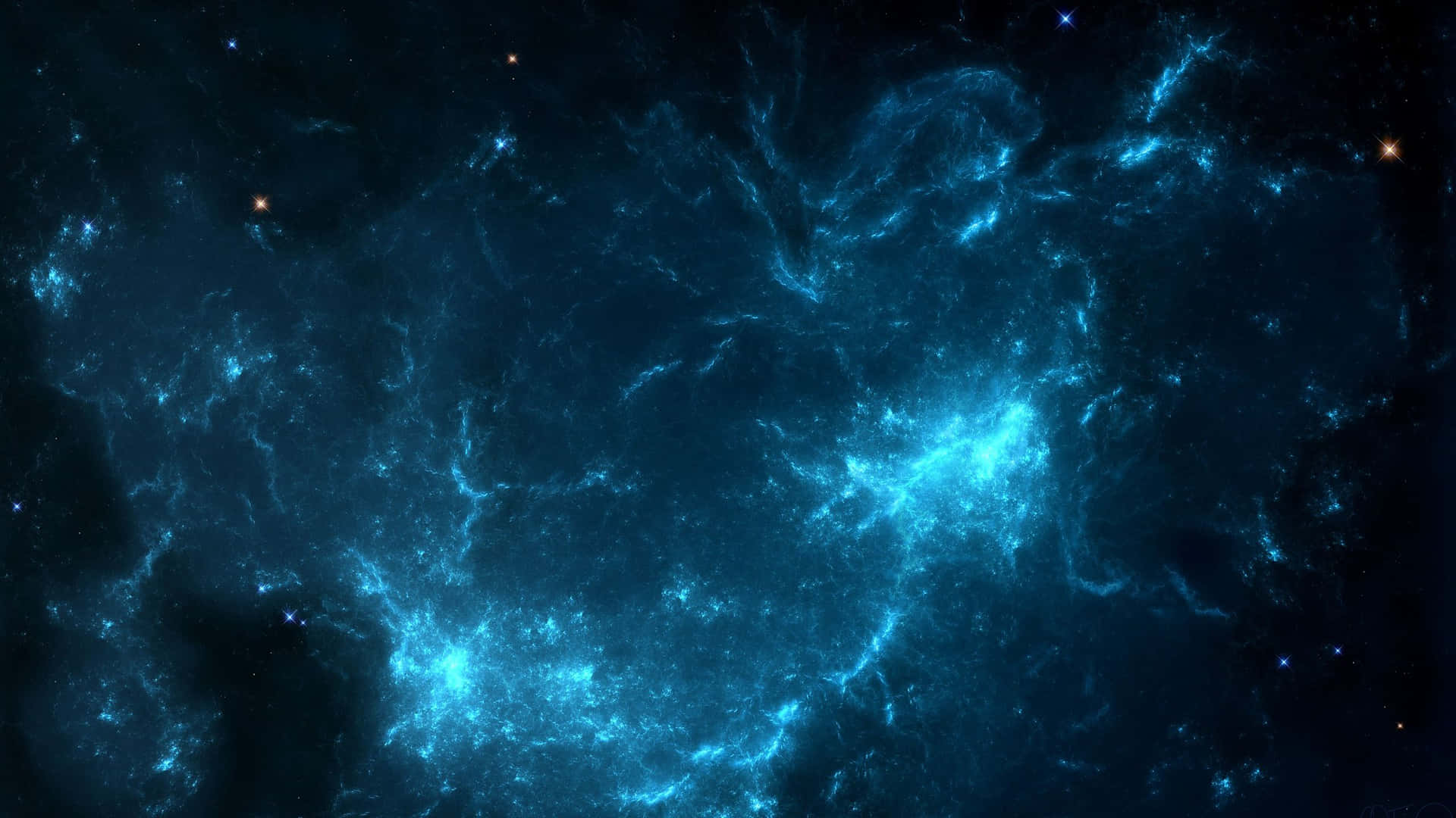 在深空中帶有發光絲狀物和散落星星的電光藍色宇宙星雲。