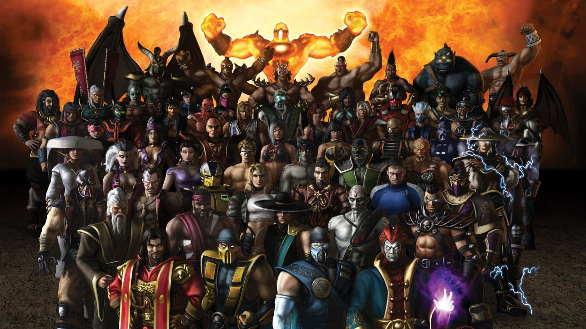 Mortal Kombat Armageddon 桌布 壁紙 — 熾熱的背景照亮了一大群不同的格鬥遊戲角色，在戲劇性的場景中英勇地擺出姿勢。