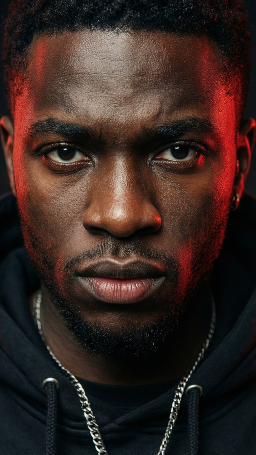 熾熱紅光 壁紙 — 一位黑人男子的特寫肖像，在戲劇性的紅光下，他有著銳利的眼神，身穿黑色連帽衫和銀色鏈條。