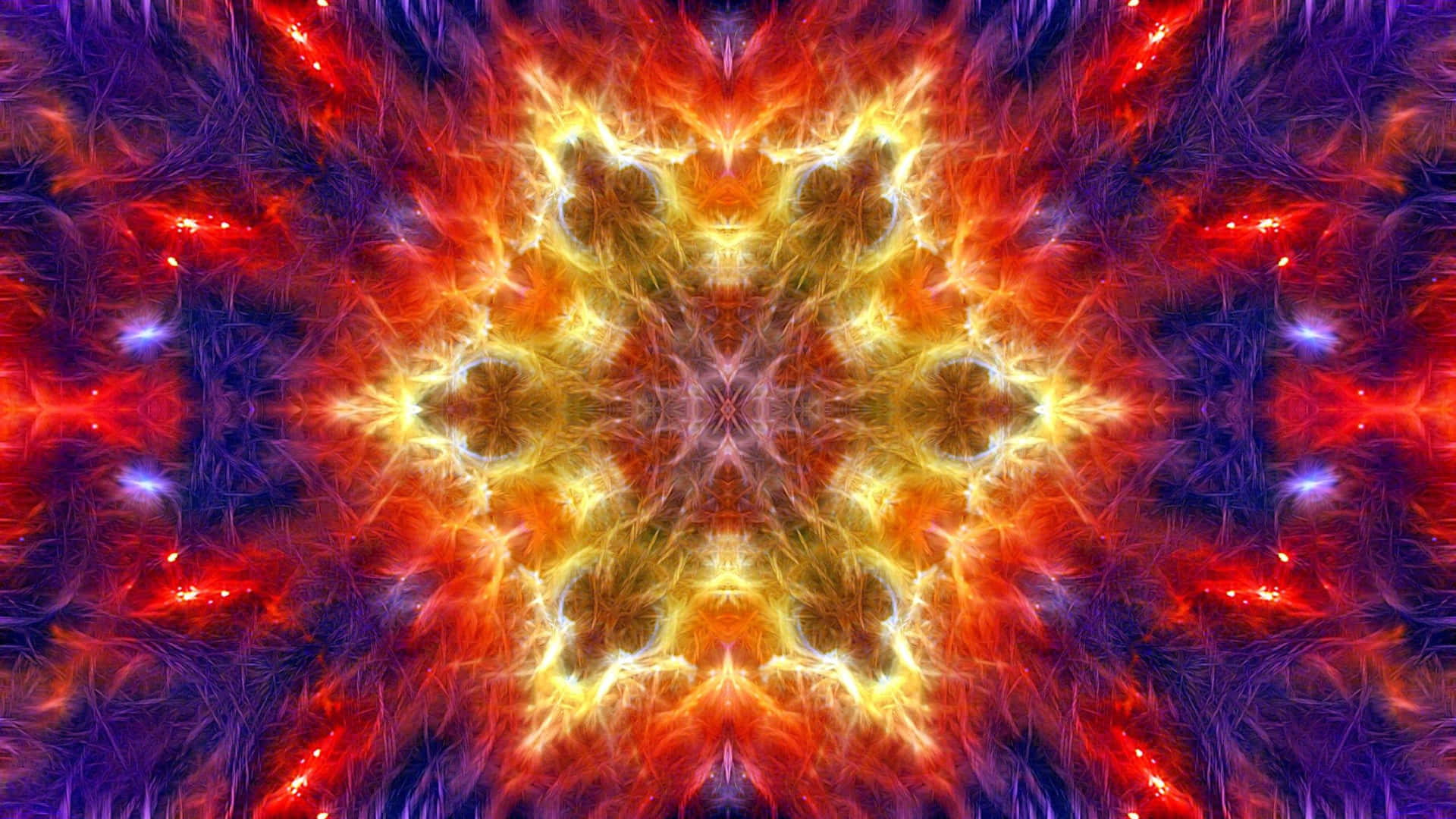 對稱的分形爆炸，帶有熾熱的橙色和紫色宇宙觸手。