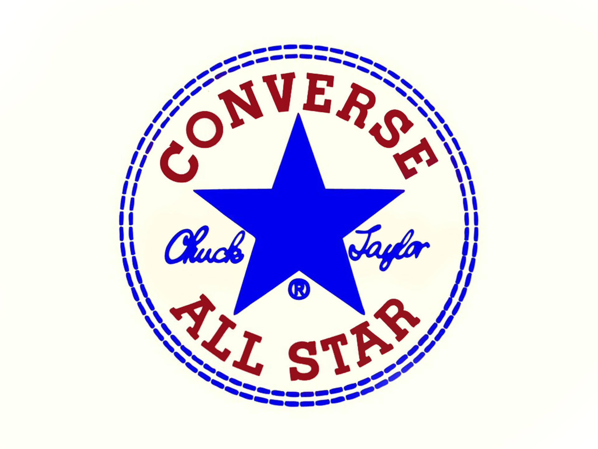 熾藍Converse標誌 壁紙 — 經典 Converse Chuck Taylor All Star 標誌，藍色星星、紅色文字、縫線邊框，配奶油色背景。