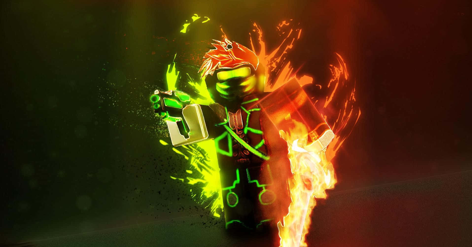 燃燒 Roblox Bedwars GFX 背景 壁紙 — 一個LEGO人仔在黑暗背景下散發出火熱的橙色和電光綠色能量。