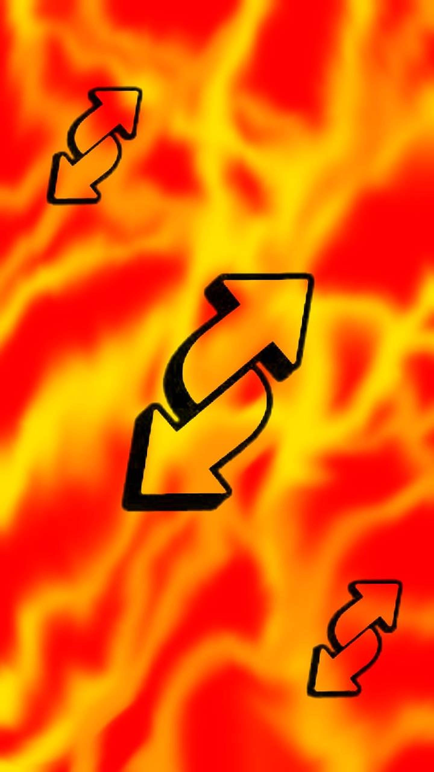 燃燒 Uno 卡牌 壁紙 — 鮮豔的橙色和黃色火焰在指向動態方向的粗體黑色箭頭後方旋轉。