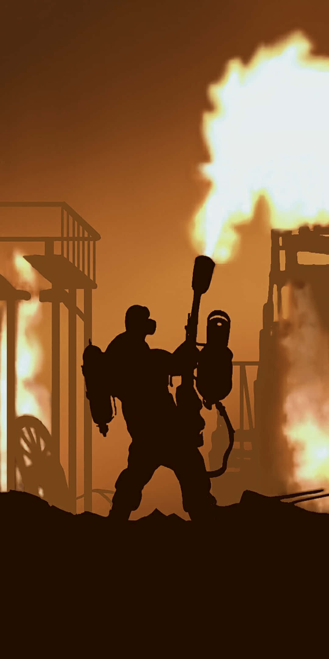燃燒剪影火焰兵像素3 TF2背景 壁紙 — 一個裝甲士兵的剪影站在橙色天空下，四周是熾熱的爆炸和崩塌的工業建築。