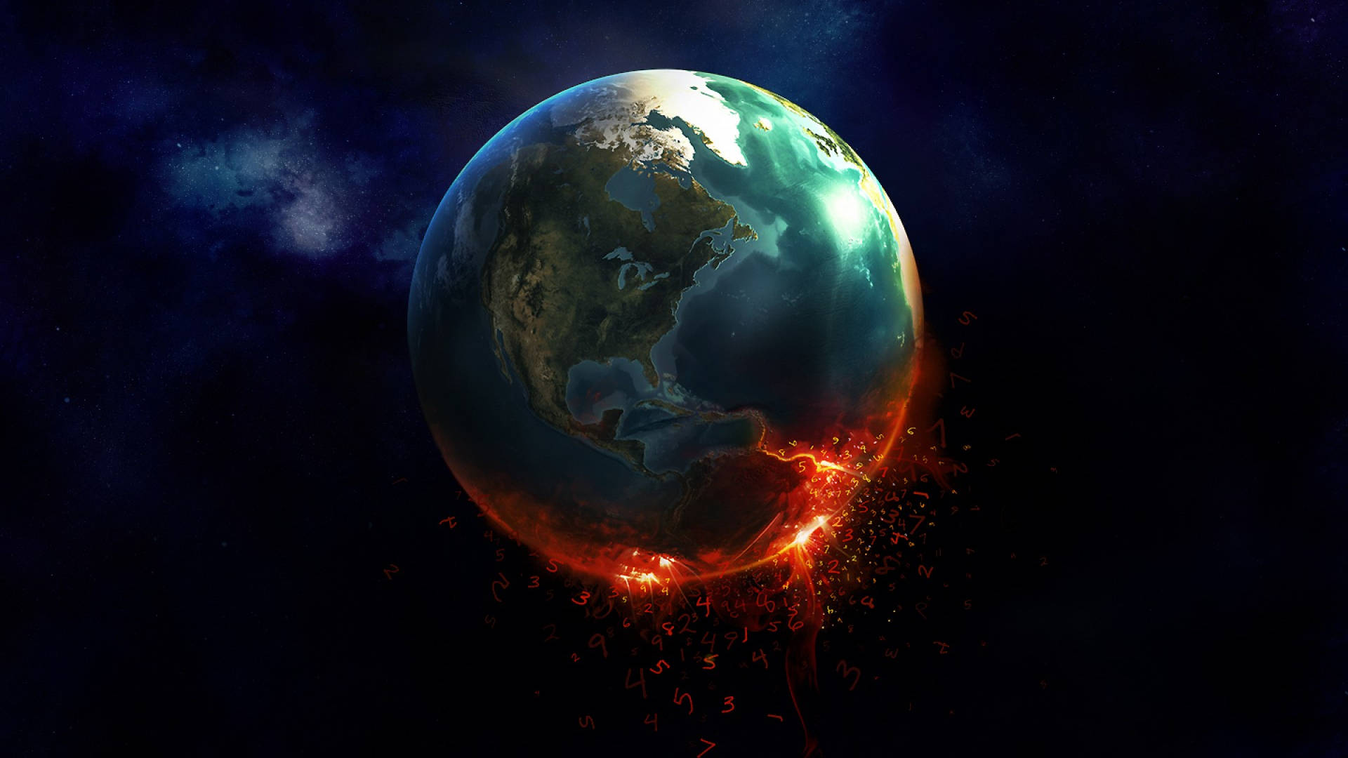 燃燒地球圖 壁紙 — 在星空的宇宙背景下，一顆發光的地球表面噴出火焰裂縫和浮動數字。