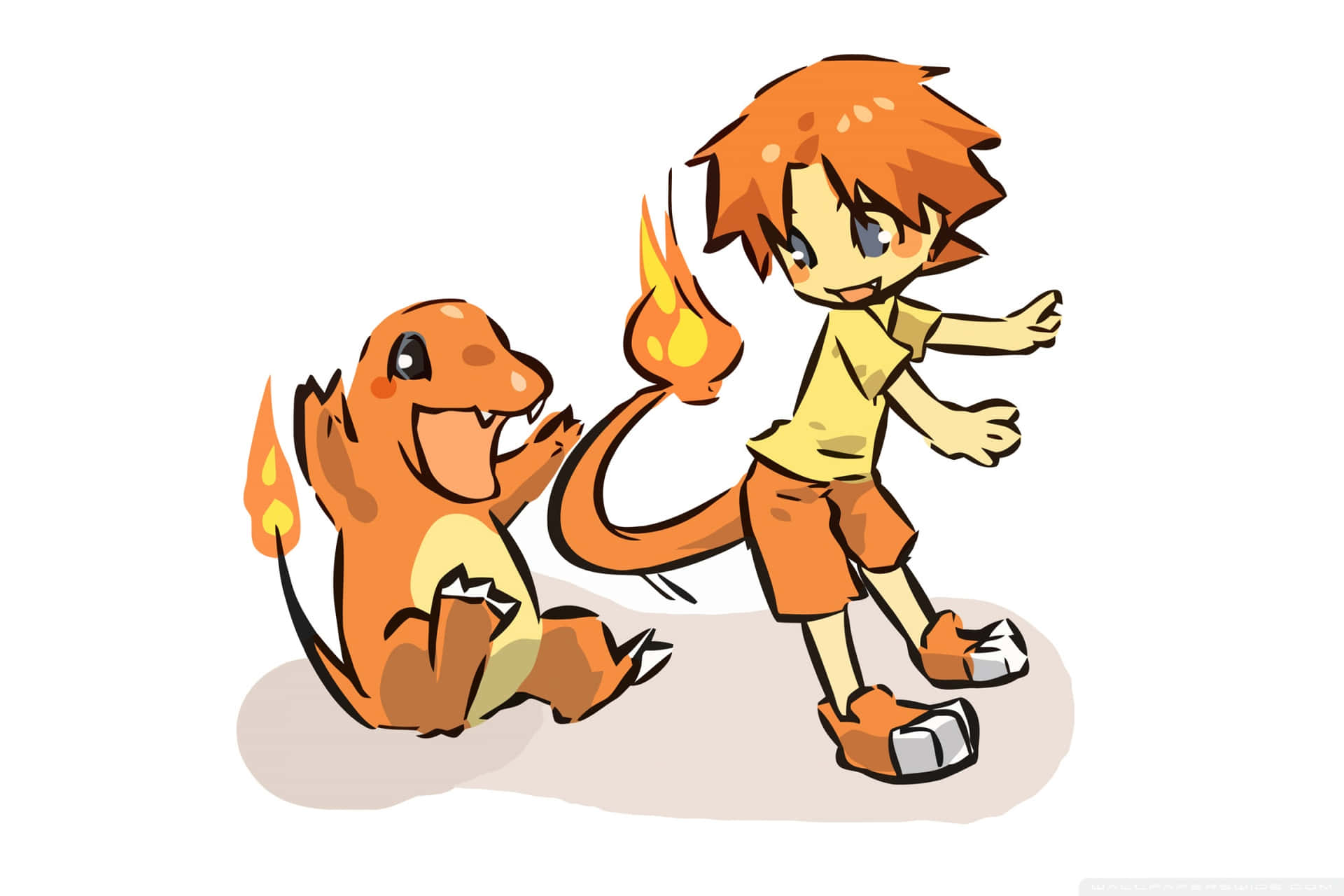 一個男孩和 Charmander，都有火焰尾巴，一起微笑。