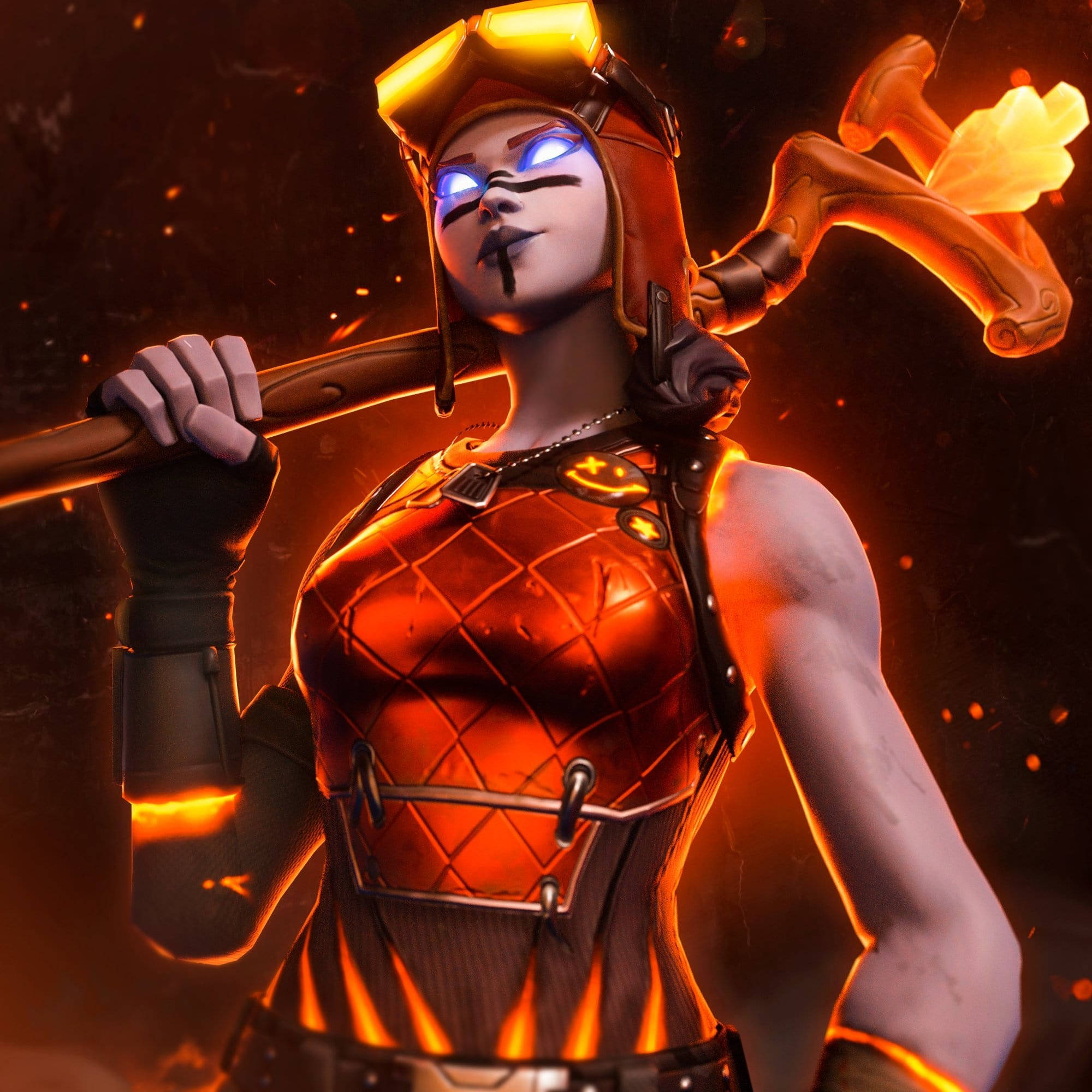 燃燒的《Fortnite》叛逆掠奪者 壁紙 — 一位火熱的女戰士身穿發光的橙色盔甲，揮舞著火焰錘，背景是充滿餘燼的黑暗。