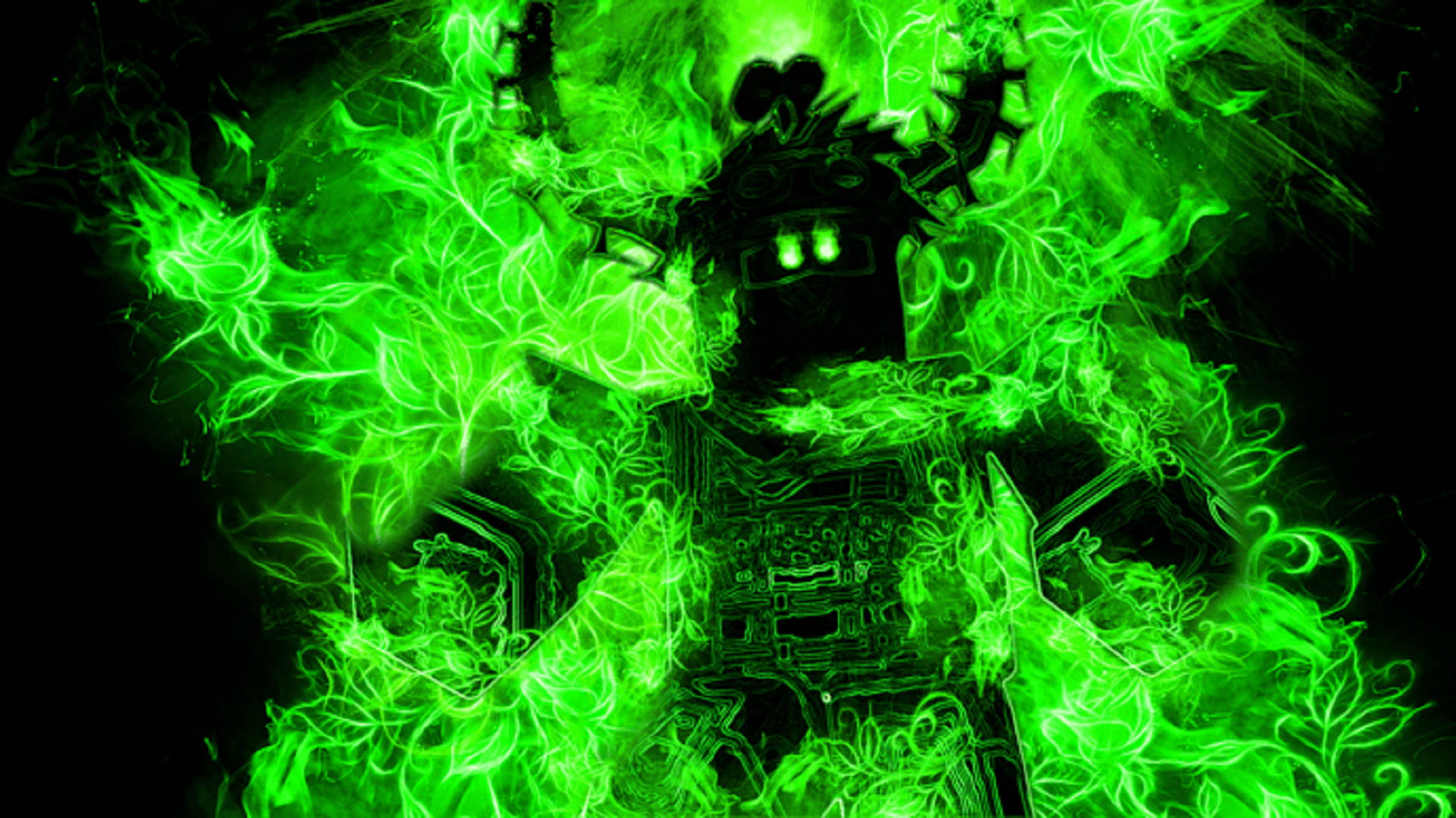 燃燒的 Roblox 綠焰 壁紙 — 一個發光的綠色機械人從黑色虛空中旋轉的霓虹葉片中出現。