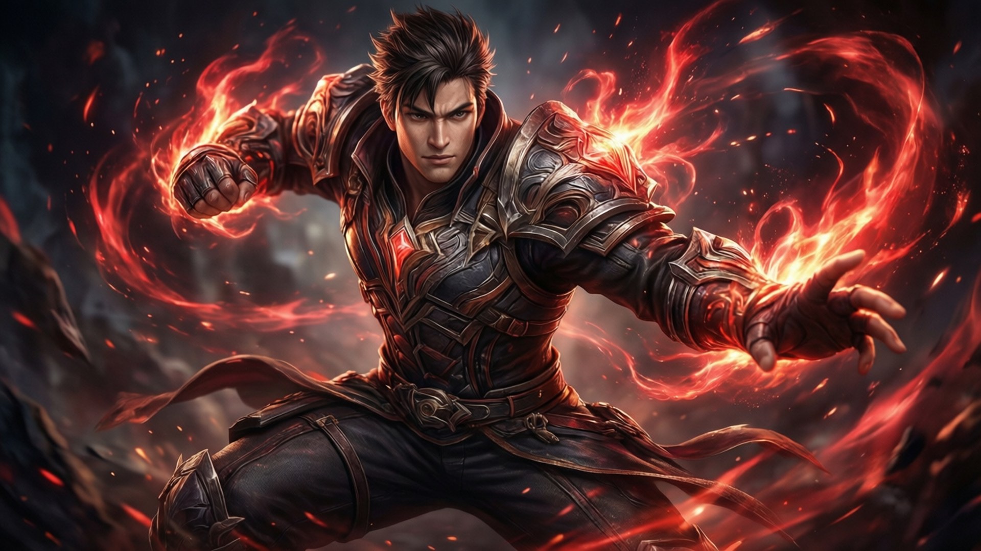 燃燒的KOF戰士 壁紙 — 一名身穿華麗盔甲的兇猛戰士，在黑暗暴風雨的背景下，從雙手中釋放出熾熱的紅色能量。