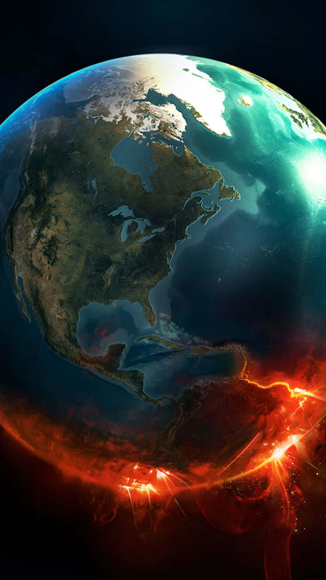 在太空中，地球表面下方有發光的紅色能量。