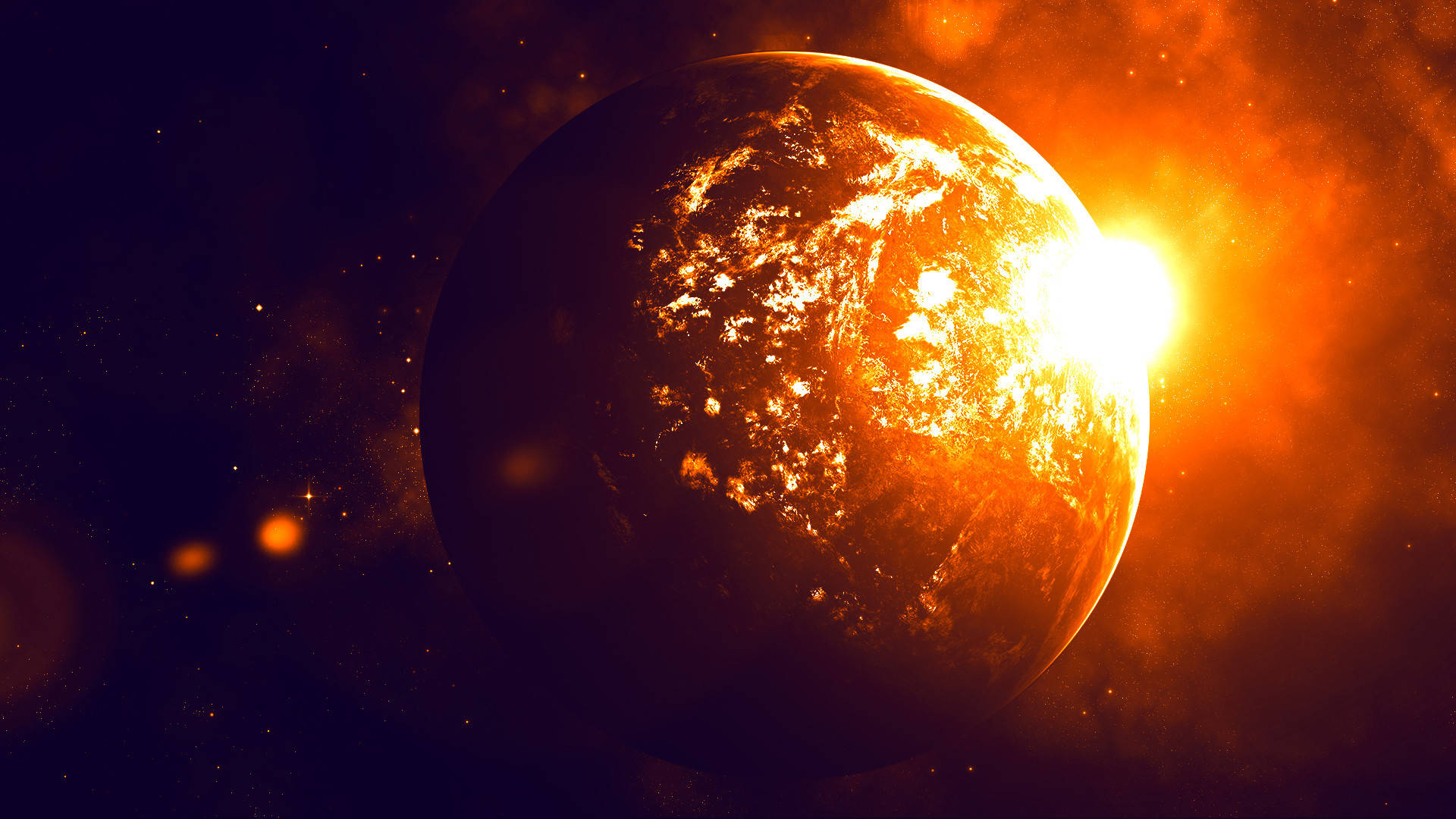 燃燒的星球 壁紙 — 一顆發光的行星沐浴在熾熱的橙色光芒中，背景是繁星點點的宇宙，帶有輻射狀的太陽爆發效果。