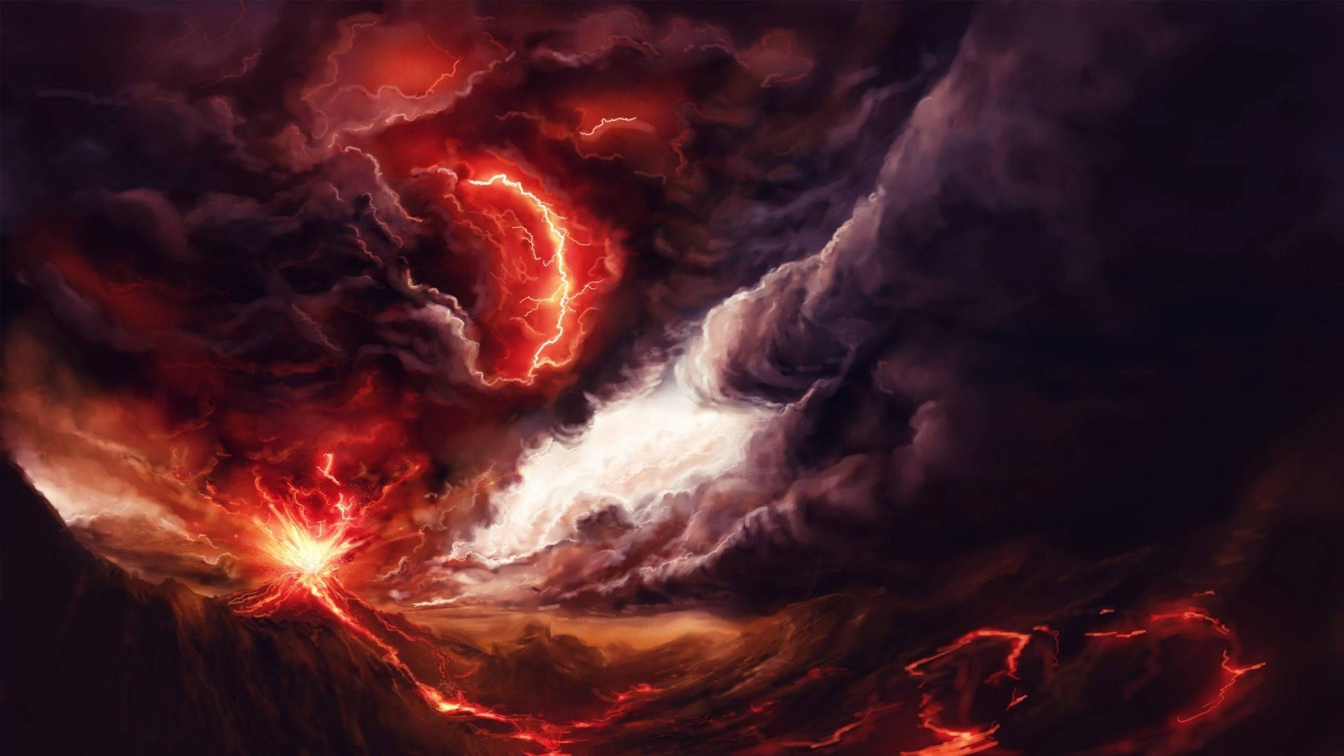 燃燒的火山 壁紙 — 火山爆發以紅色閃電和發光的熔岩流照亮了暴風雨的天空，橫跨崎嶇的地形。