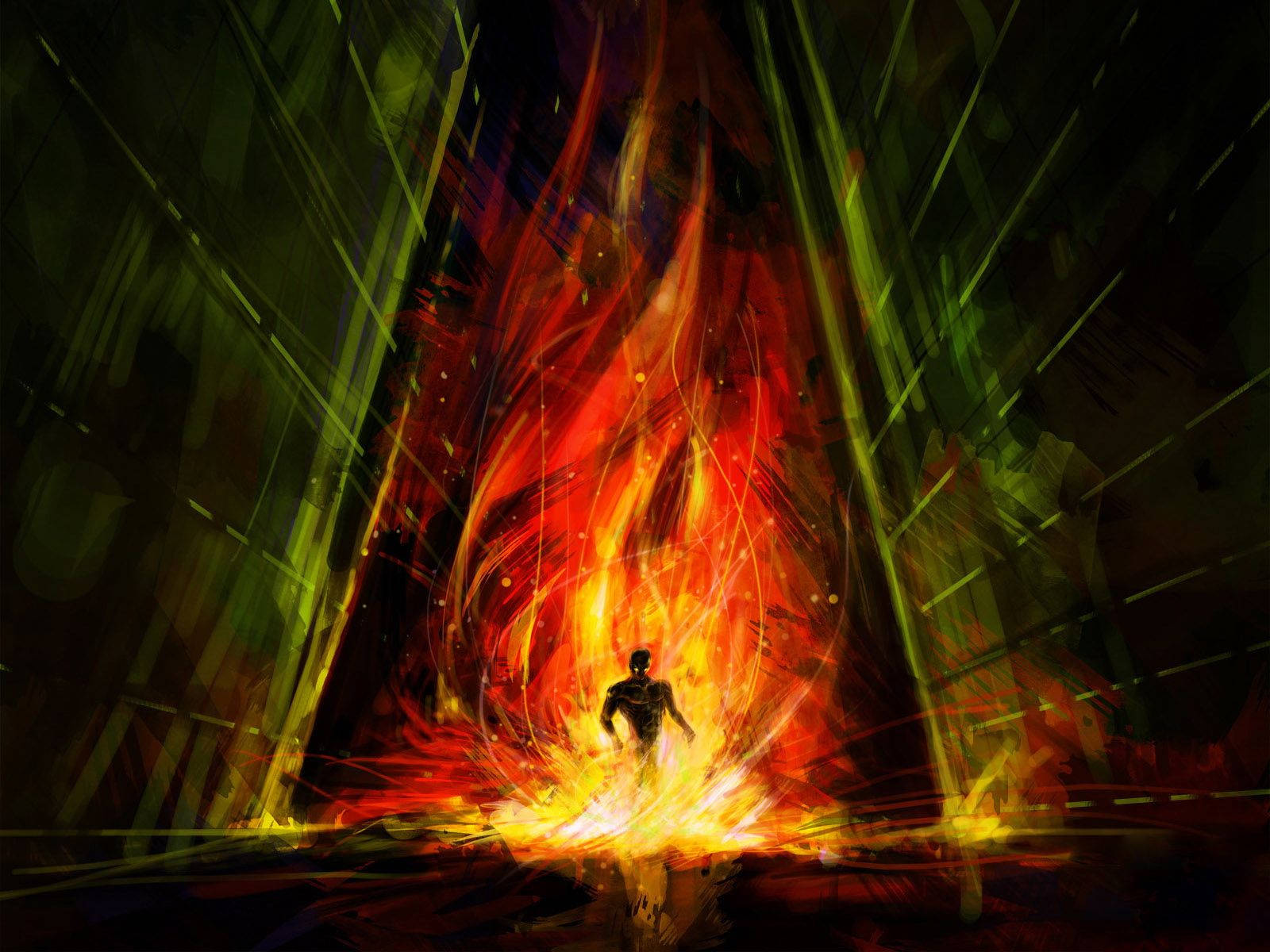 一個人的剪影站在猛烈爆炸中，伴隨著綠色幾何結構。