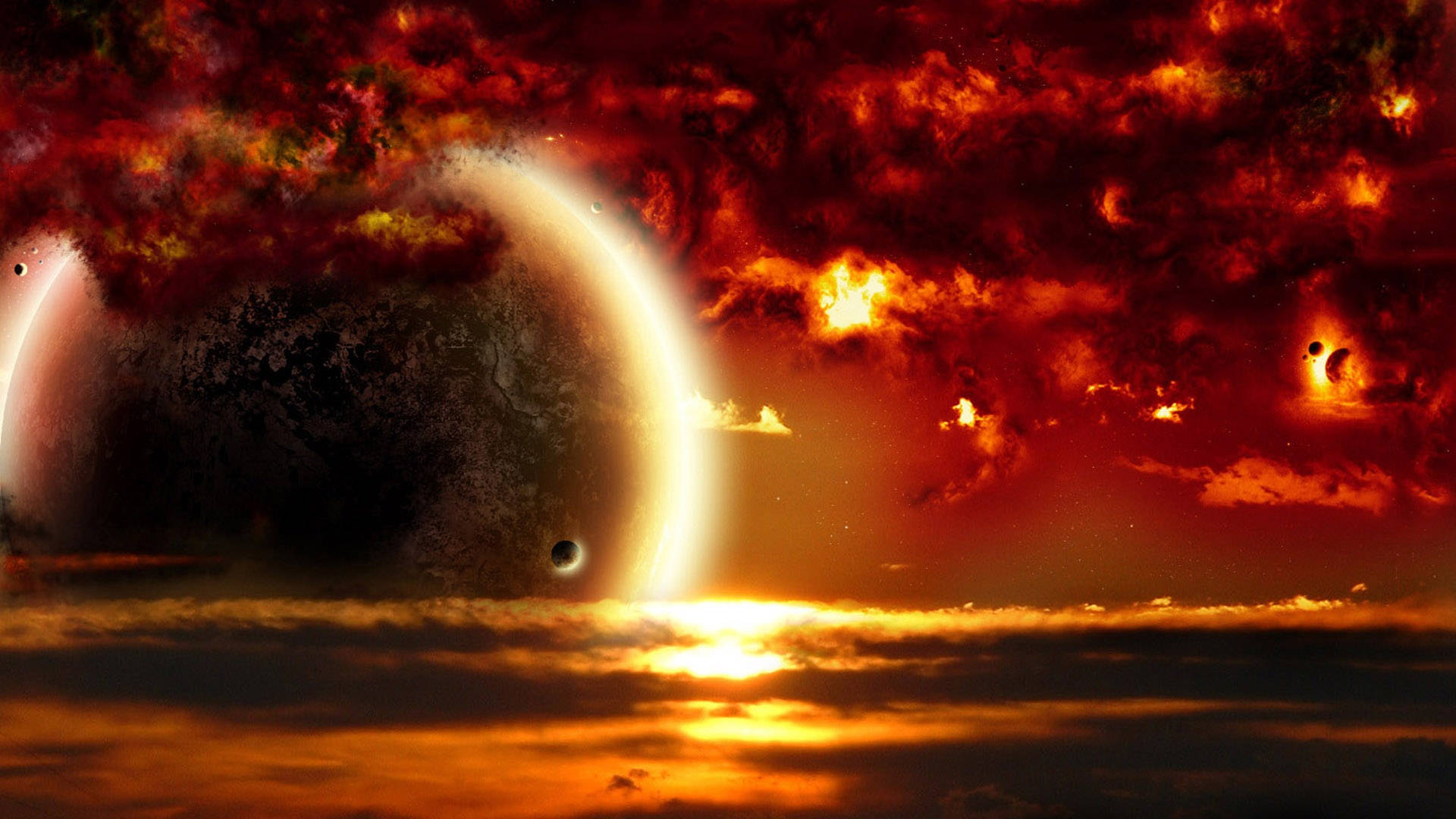 戲劇性的外星日落，一顆巨大的行星在發光的雲層上投下月牙陰影。