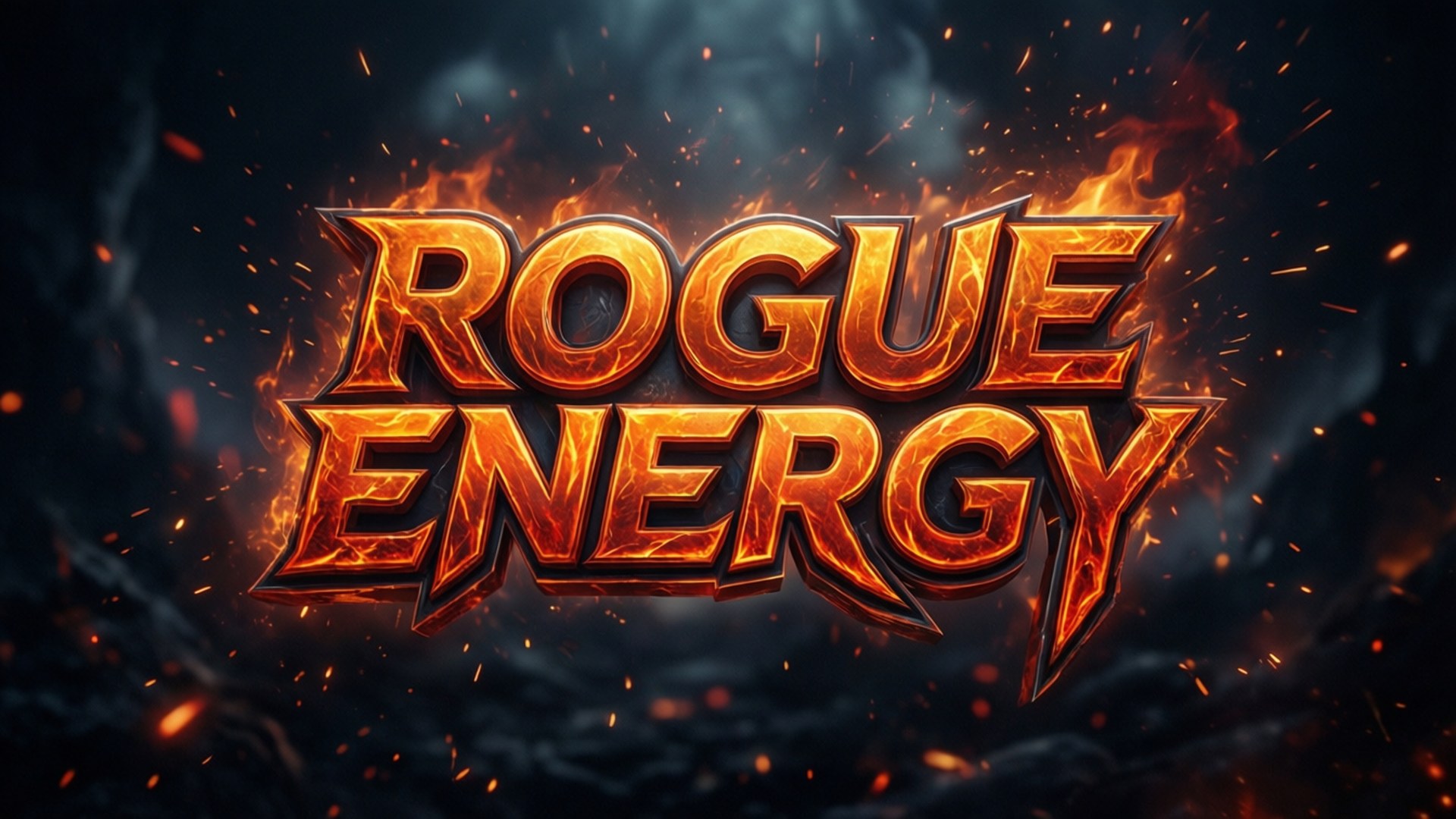 燃燒的羅格能量標誌 壁紙 — 大膽的火熱文字顯示「rogue energy」，在煙霧瀰漫的黑暗背景下迸發出熾熱的餘燼。