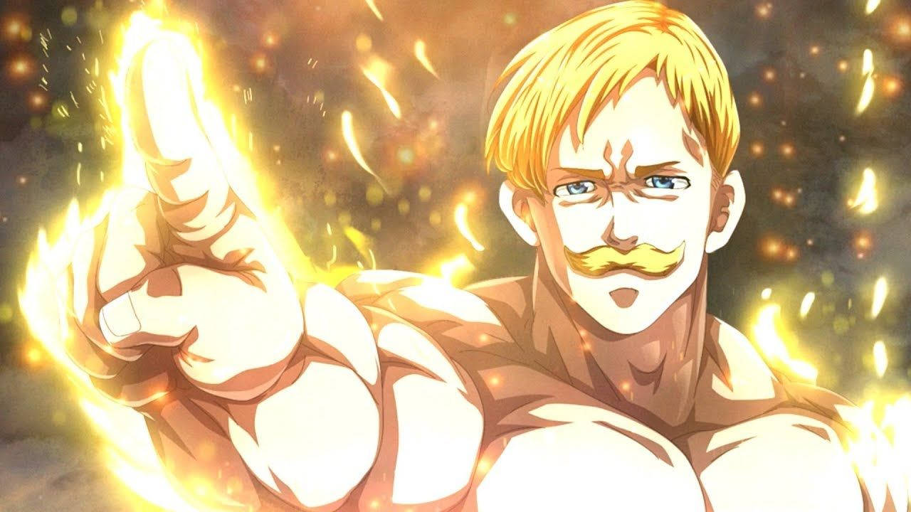 留鬍子的動漫男人用火焰般發光的拳頭向前指。