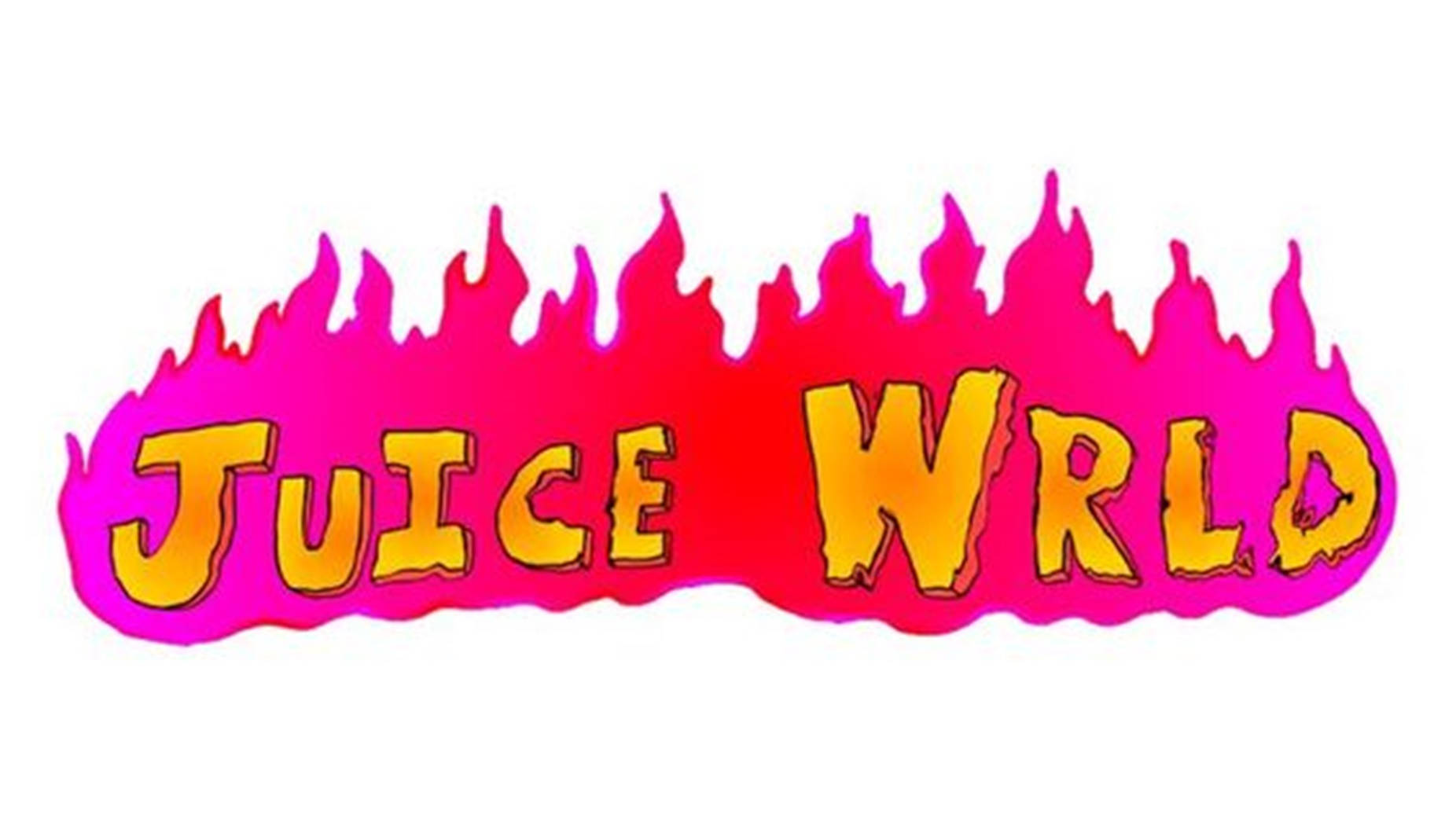 燃燒粉紅Juice WRLD標誌 壁紙 — 大膽的黃色文字「JUICE WRLD」從鮮豔的粉紅色和紅色火焰設計中浮現，背景為純白色。