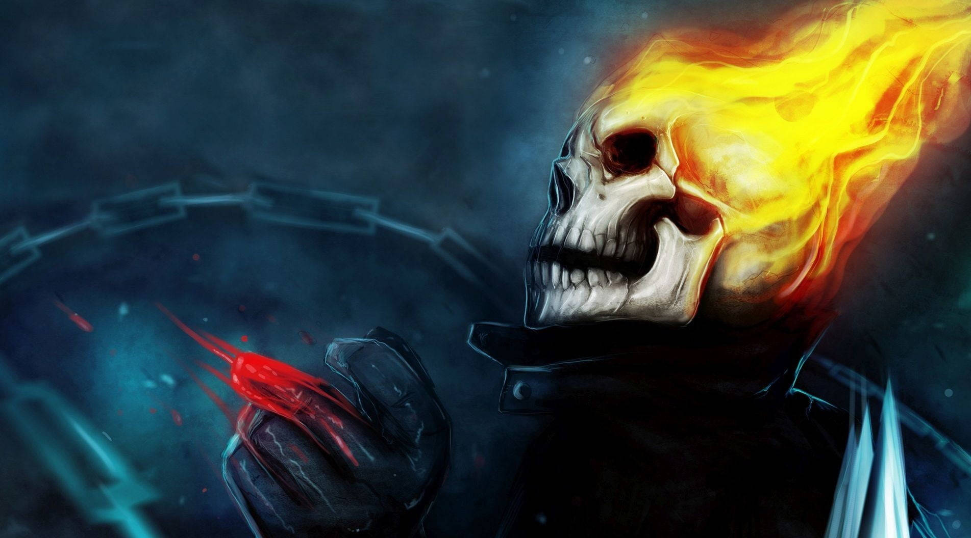 Ghost Rider 燃燒頭骨手持紅色尖刺武器，處於黑暗風暴場景。