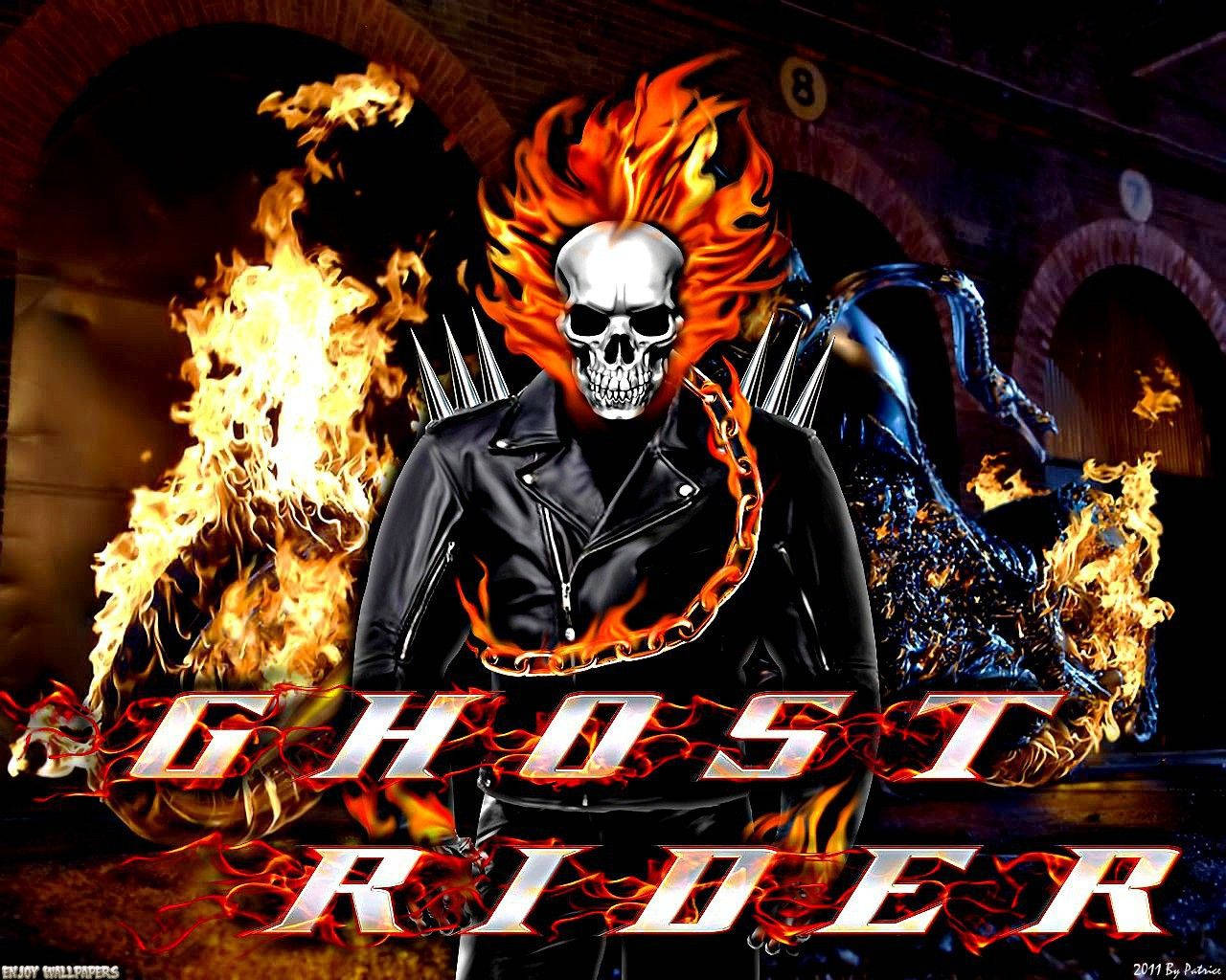 Ghost Rider 頭部燃燒，與電單車在黑暗磚拱門中。 — 鬼 Rider 壁紙