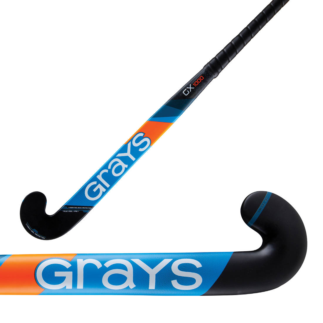 燈光下激烈的曲棍球比賽 壁紙 — Grays GX1000 曲棍球棍特寫，帶有醒目的藍色、橙色和黑色品牌標誌，背景為純白色。
