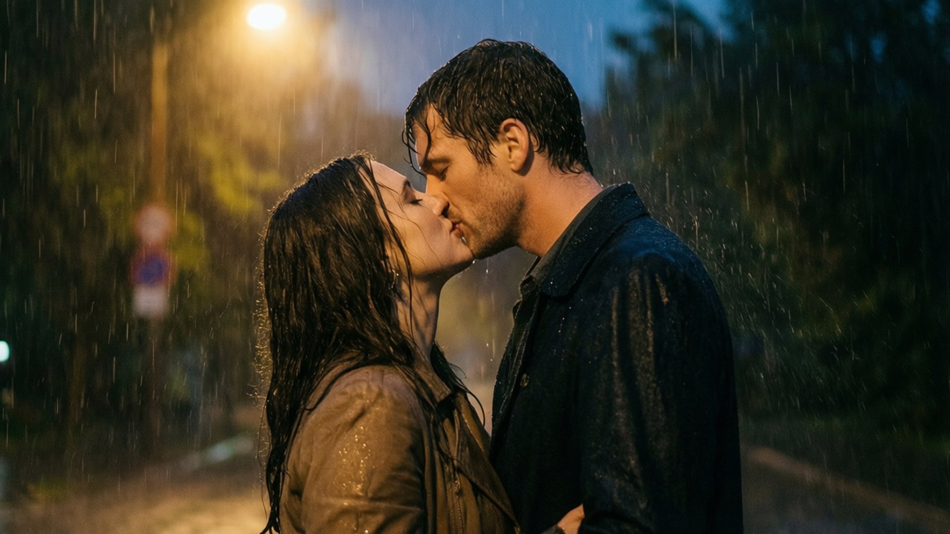 燈光下的雨中吻 壁紙