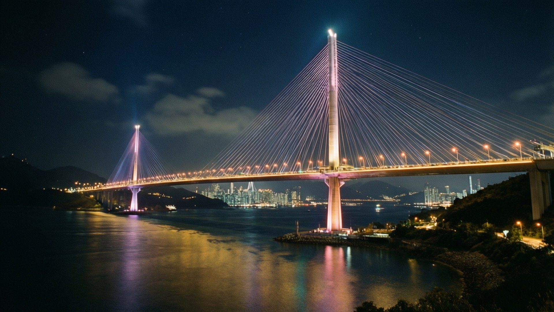 燈光大橋 壁紙 — 一座雄偉的斜拉橋在繁星點點的夜空下散發著溫暖的光芒，其倒影在下方平靜的水面上閃爍。