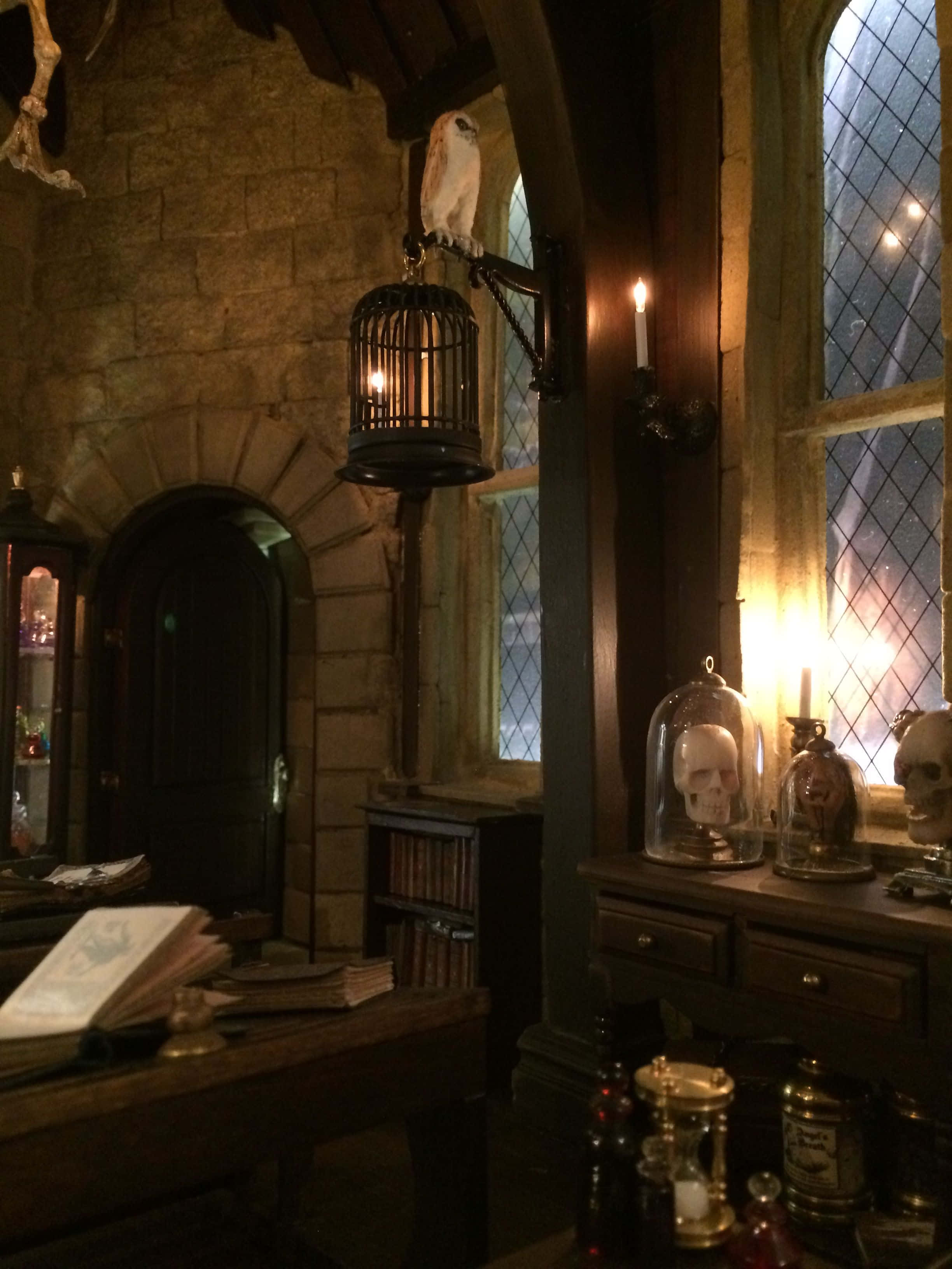 The Hogwarts Dark Arts Classroom 桌布 壁紙 — 燈光昏暗的中世紀書房，石牆、燭光、棲息的貓頭鷹，以及木桌上玻璃穹頂下的頭骨。