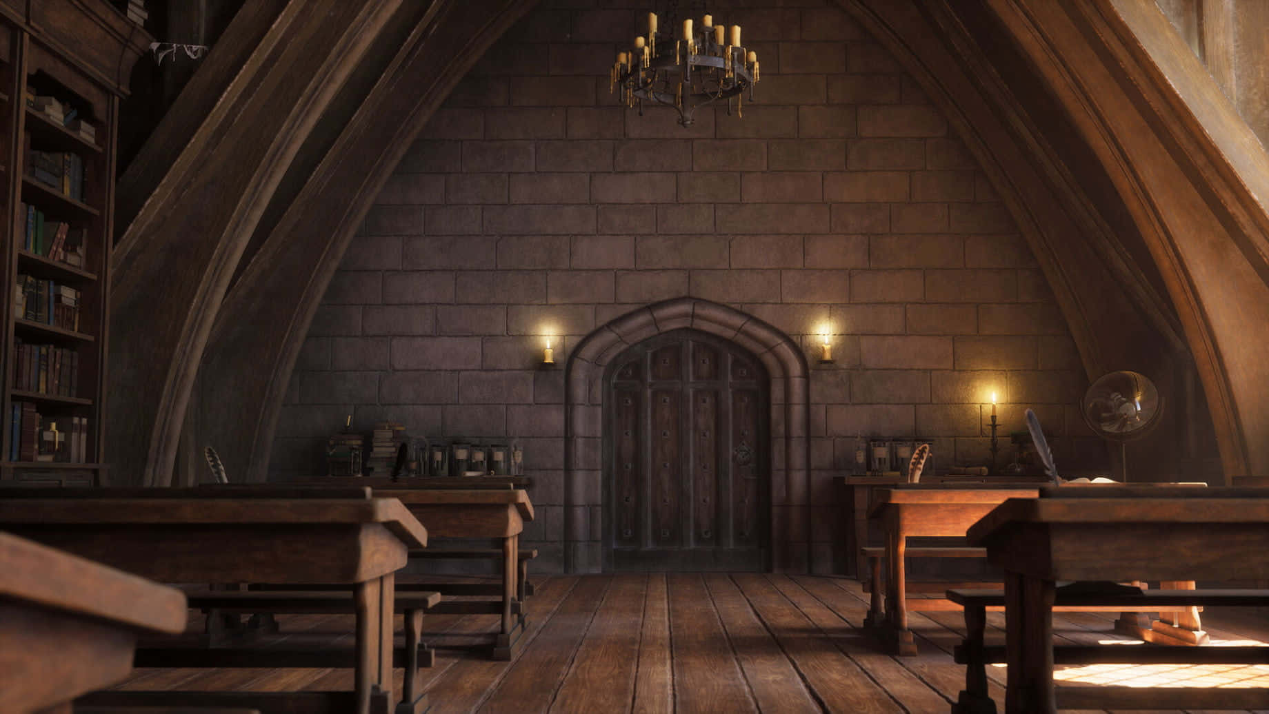 The Hogwarts Potions Class 桌布 壁紙 — 燈光昏暗的中世紀石頭圖書館，配有木製書桌、書架和吊燈，散發出溫暖的金色光芒。