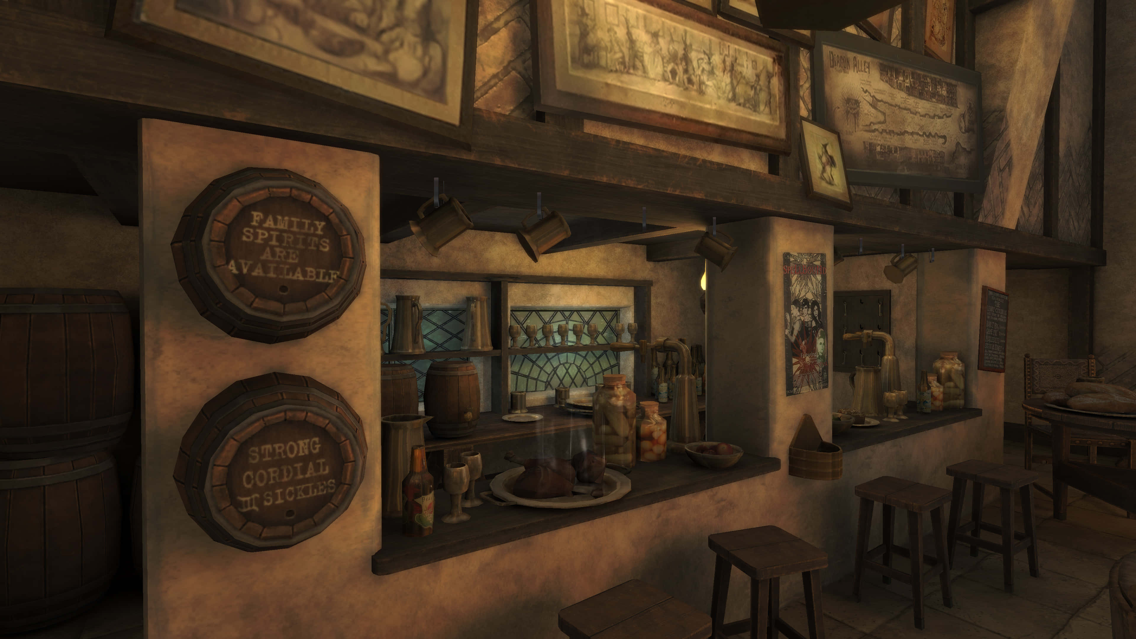 The Leaky Cauldron 桌布 壁紙 — 燈光昏暗的鄉村風格小酒館，設有木桶、凳子以及掛在風化牆上的框裝地圖。