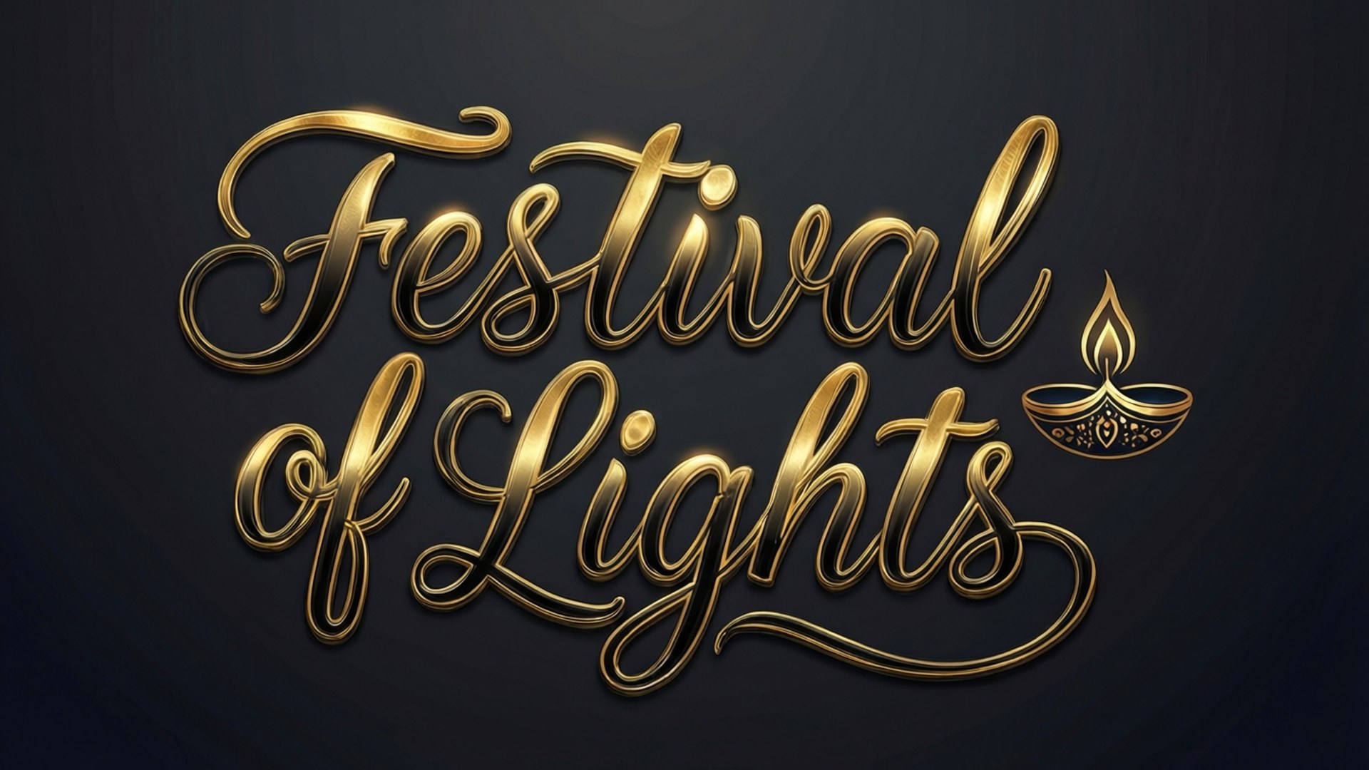 深色背景上帶有 diya 圖標的金色 Festival of Lights 文字
