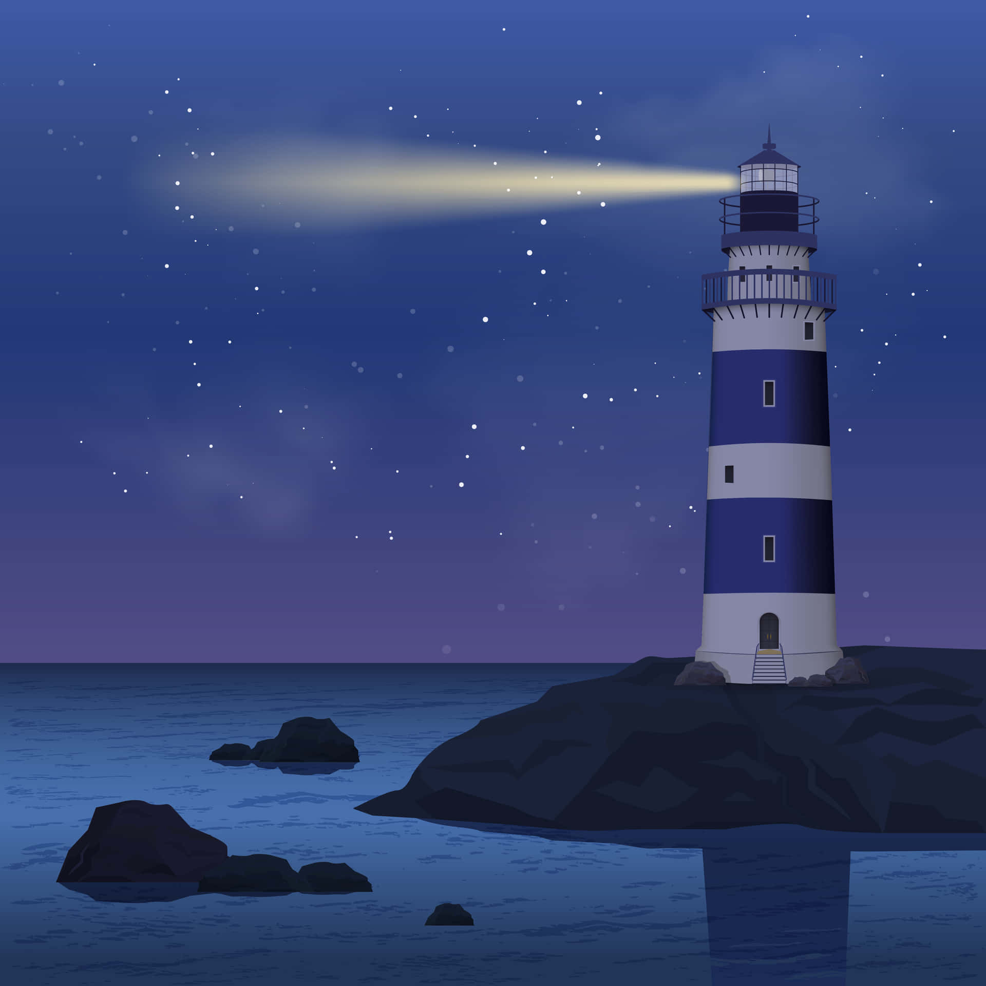 燈塔在星空下照亮夜晚的海洋