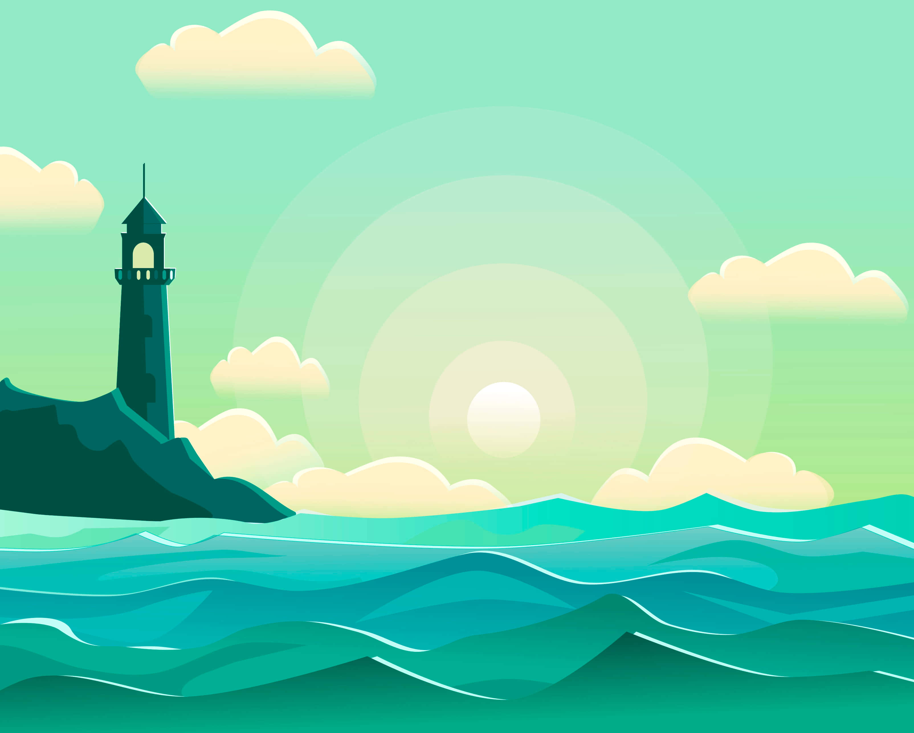 燈塔與海洋向量背景 壁紙 — 一個風格化的燈塔矗立在岩石懸崖上，俯瞰著碧綠色的波浪，在柔和的綠色天空和閃耀的太陽下。