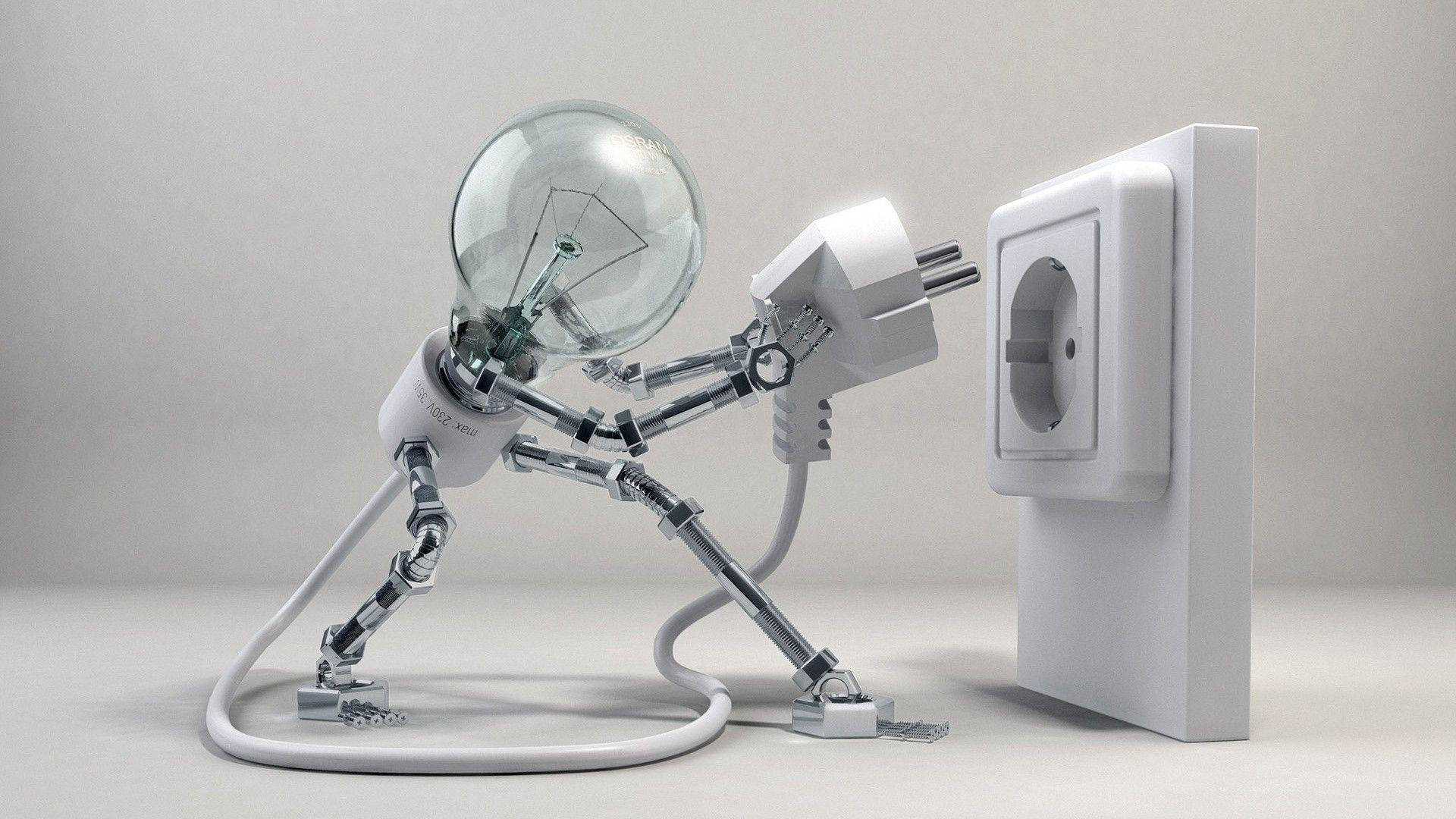 燈泡人形電力連接 壁紙 — 一個機械人角色，頭部為燈泡，用螺旋電纜插入牆壁插座。