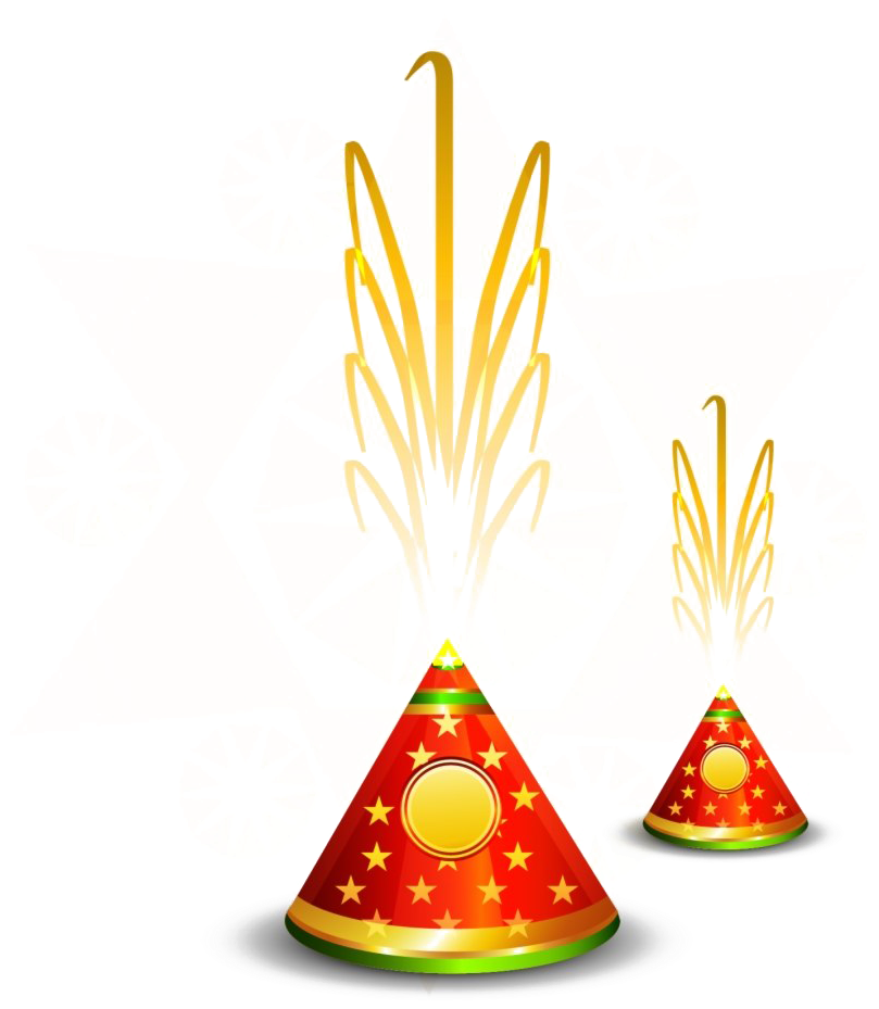 燈節煙火慶祝圖 壁紙 — 兩頂節日紅色派對帽，帶有金色星星和綠色飾邊，在帶有白色星爆圖案的黑色背景上射出金色火花。