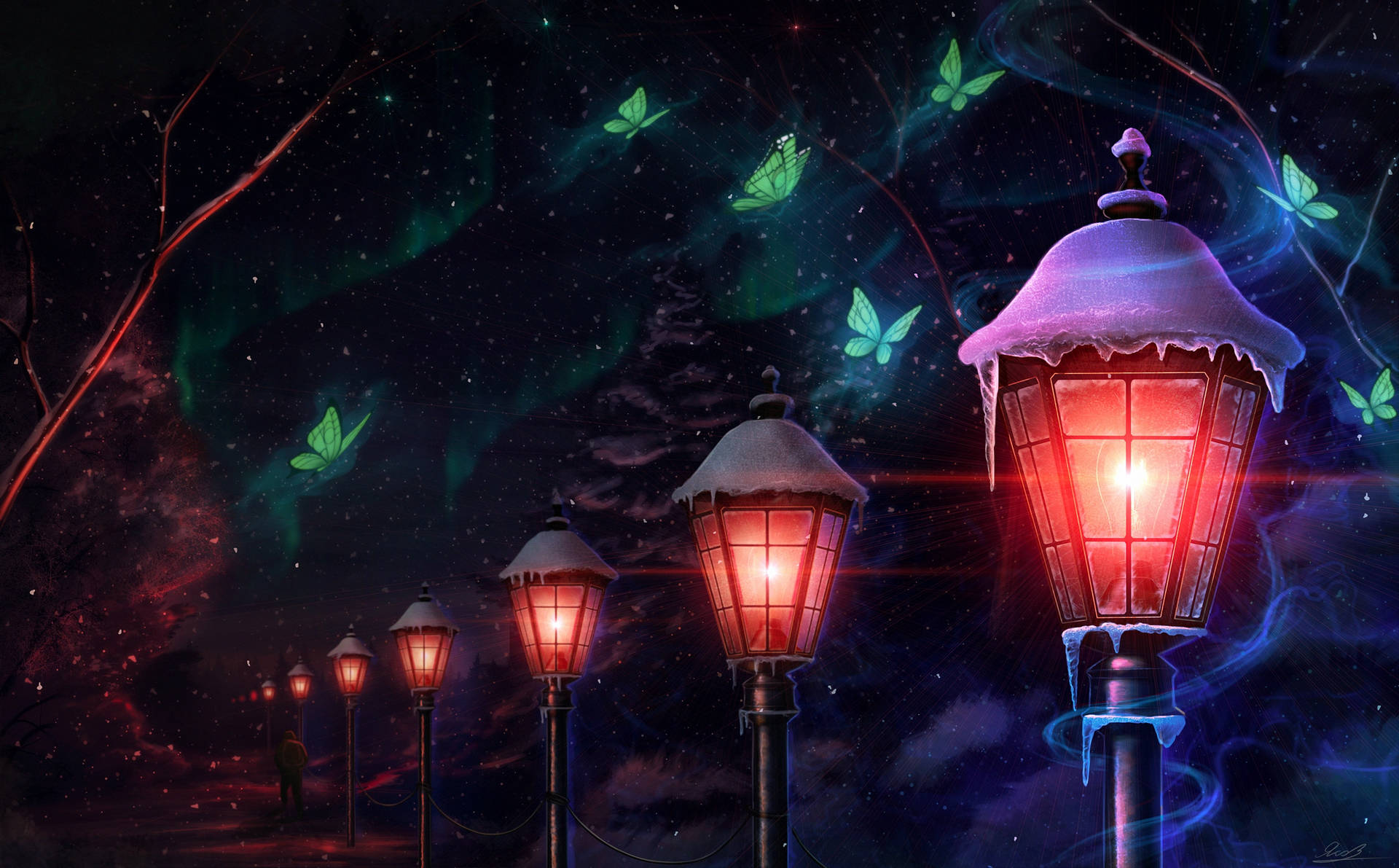 積雪的路燈在神奇的極光天空下發光，伴隨著發光的蝴蝶。