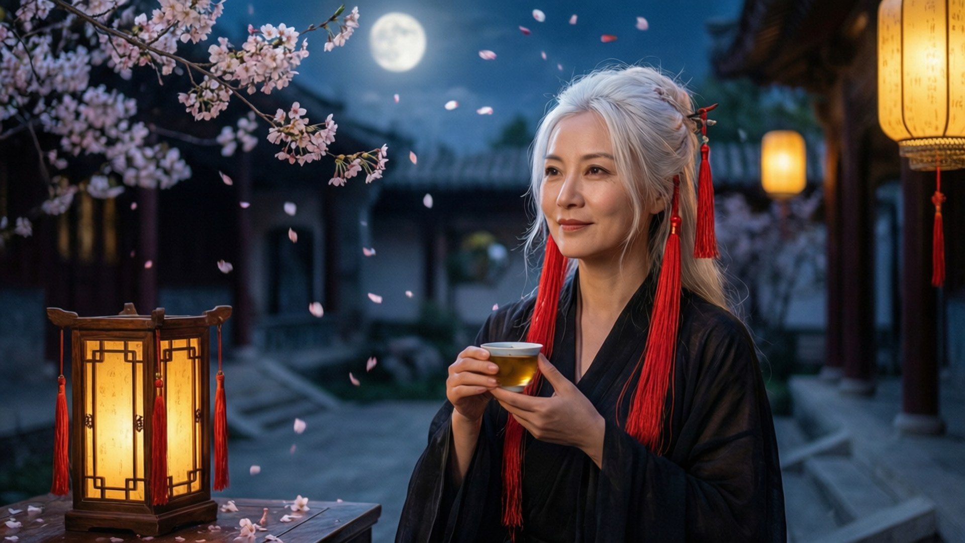 穿著傳統長袍的女子在月光下品茶，伴隨著飄落的櫻花和燈籠。