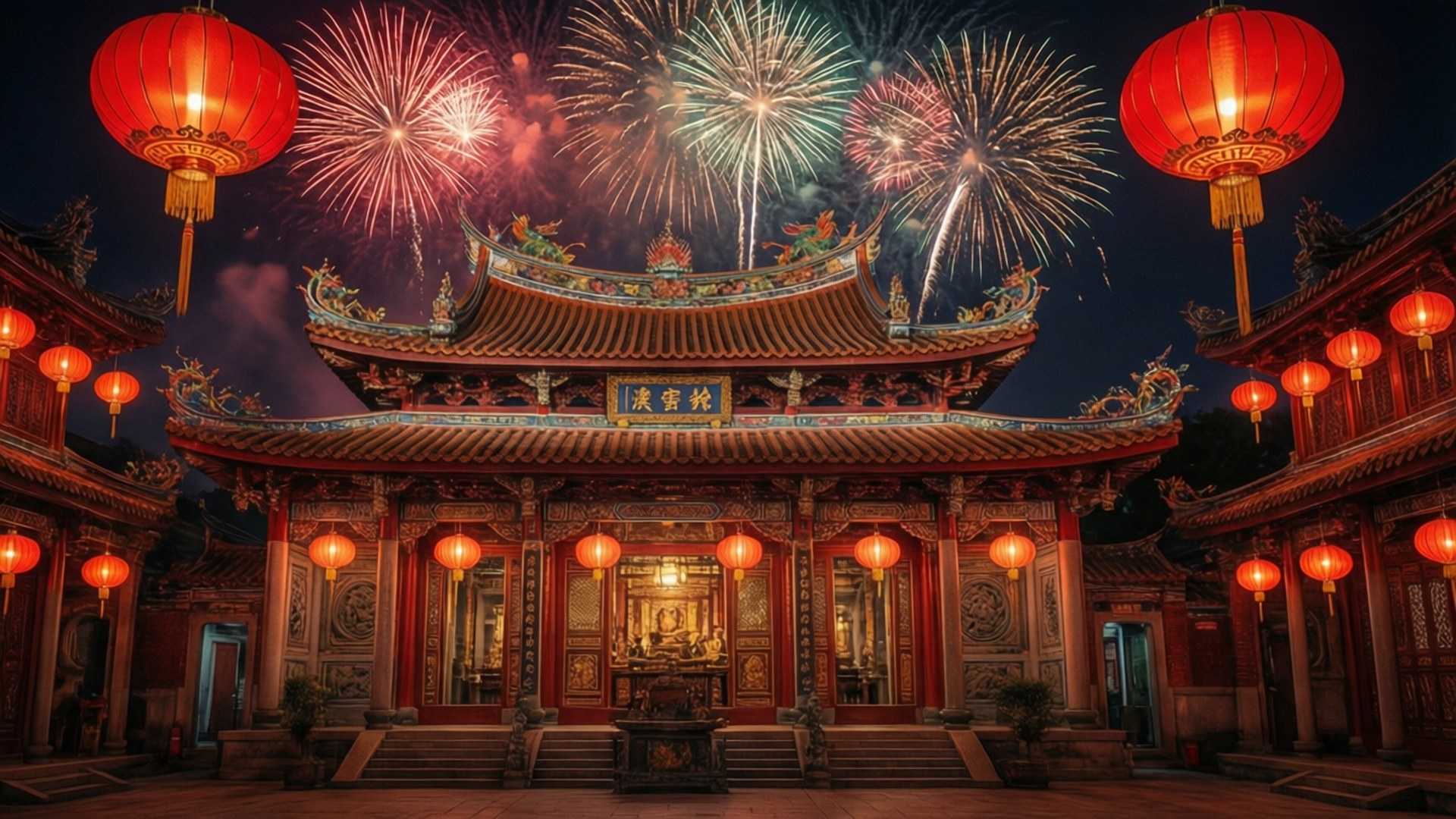  Lunar New Year 期間，廟宇上空綻放絢麗煙火，紅燈籠熠熠生輝。