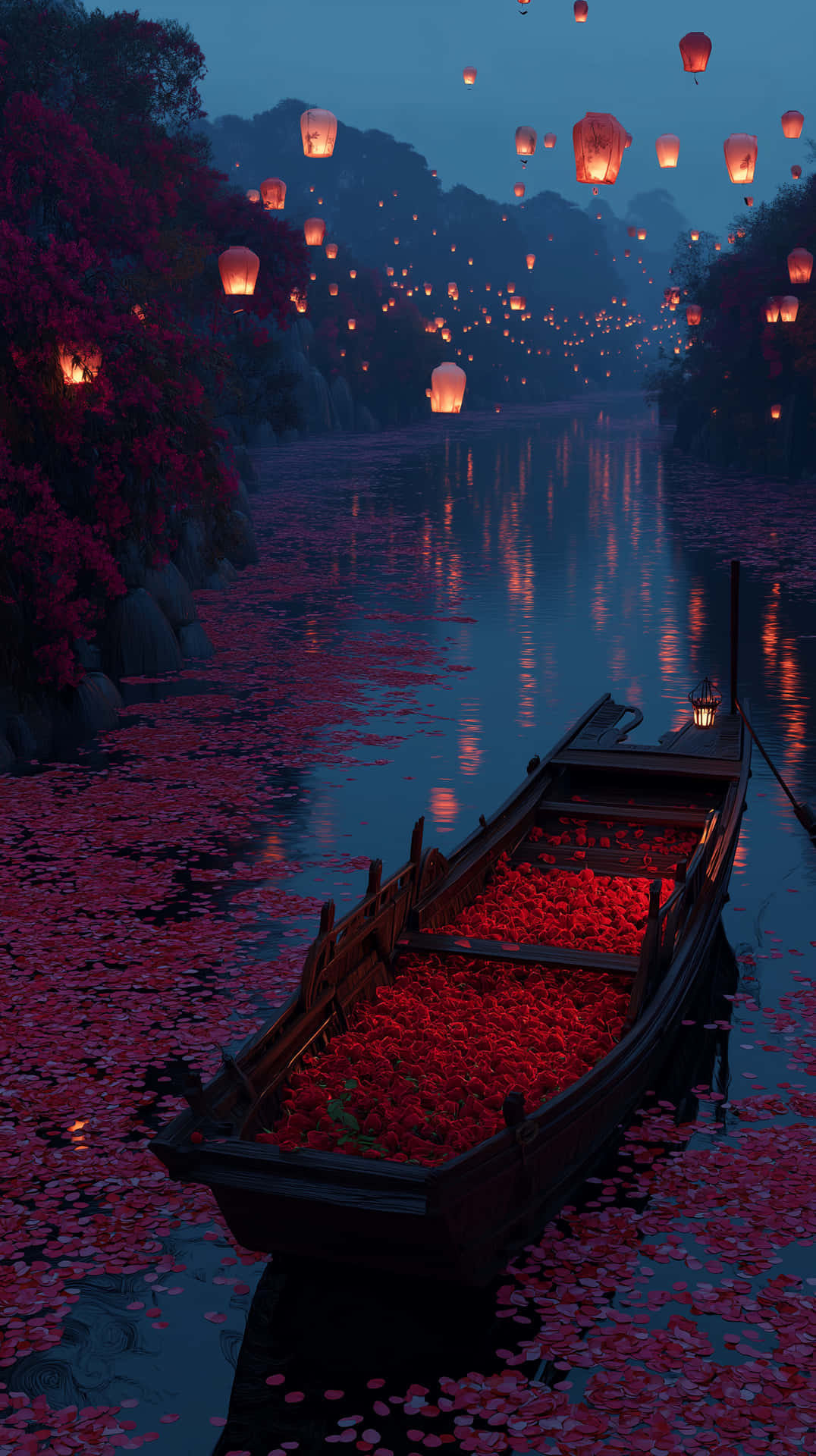 燈籠點綴的河面與花船——浪漫夜景 壁紙 — 一艘裝滿紅色花瓣的木船在黃昏時分，在發光的燈籠下，漂浮在佈滿花瓣的河上。