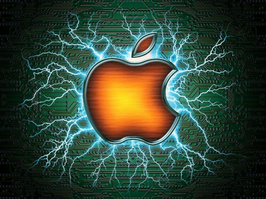 發光的Apple標誌在電路板背景上帶有電藍色閃電