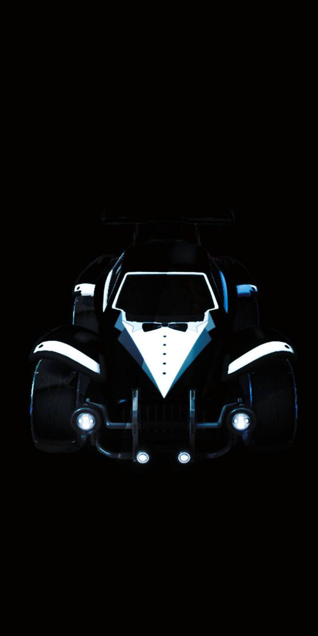 燕尾服 Octane 車火箭聯賽 iPhone 壁紙 — 一輛時尚的黑色未來主義汽車，帶有發光的白色燕尾服飾邊和車頭燈，在漆黑虛空中凝視前方。
